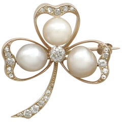 1880s Antique Pearl and 1.05 Carat Diamond Yellow Gold Clover Brooch