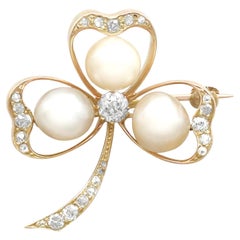 Antique Victorian Pearl and 1.05 Carat Diamond Yellow Gold Clover Brooch