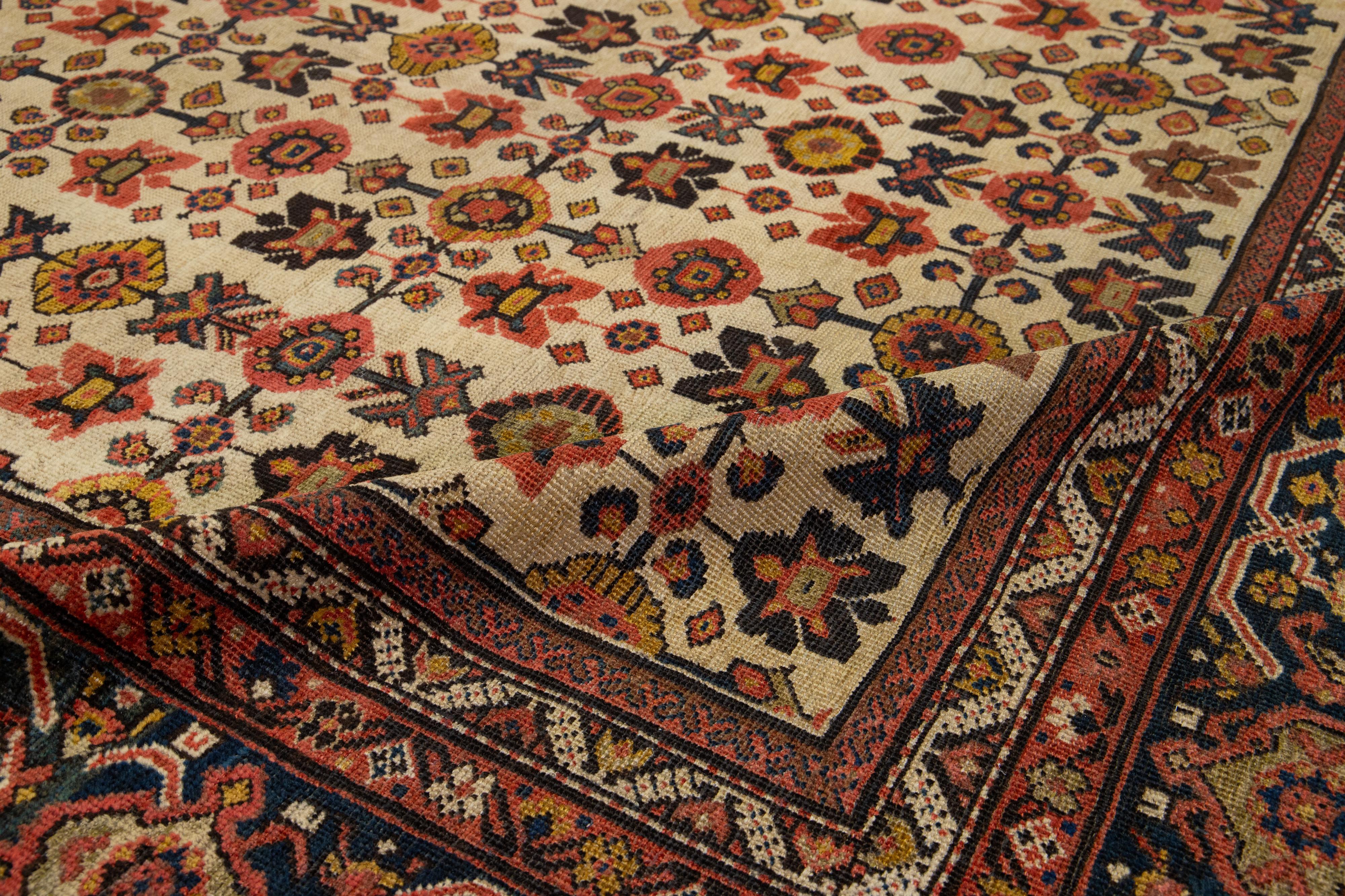 Sarouk Farahan 1880s Antique Persian Farahan Tan Wool Rug Handmade With Allover Floral Pattern For Sale