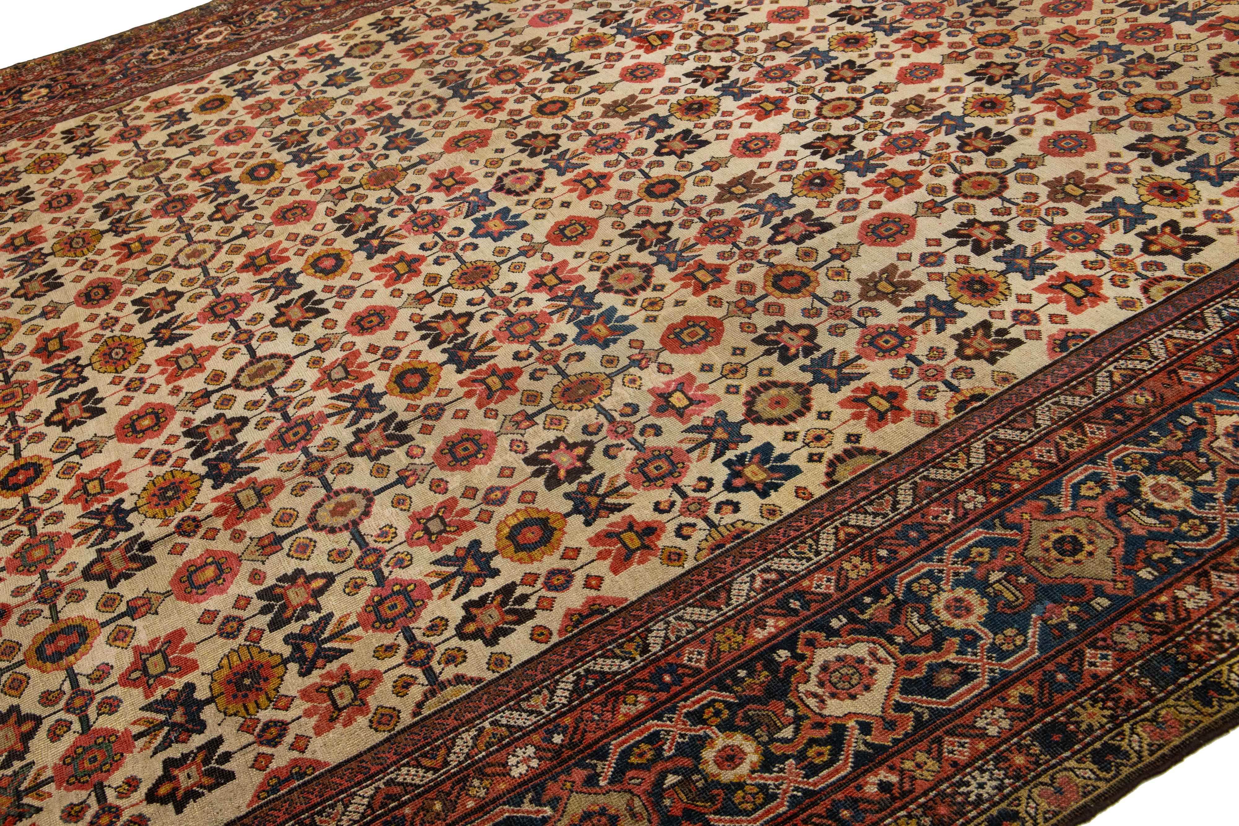 Hand-Knotted 1880s Antique Persian Farahan Tan Wool Rug Handmade With Allover Floral Pattern For Sale