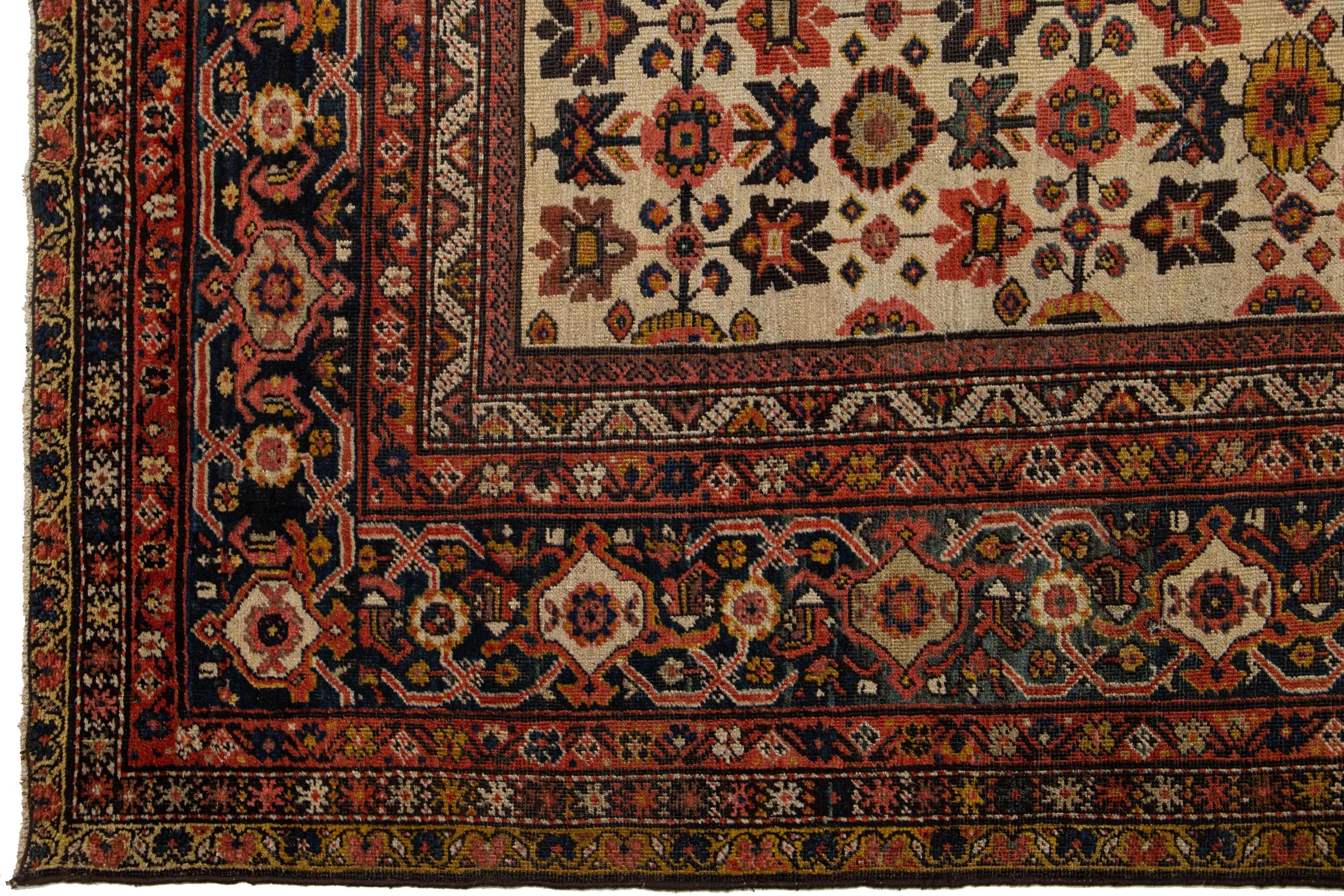 19th Century 1880s Antique Persian Farahan Tan Wool Rug Handmade With Allover Floral Pattern For Sale