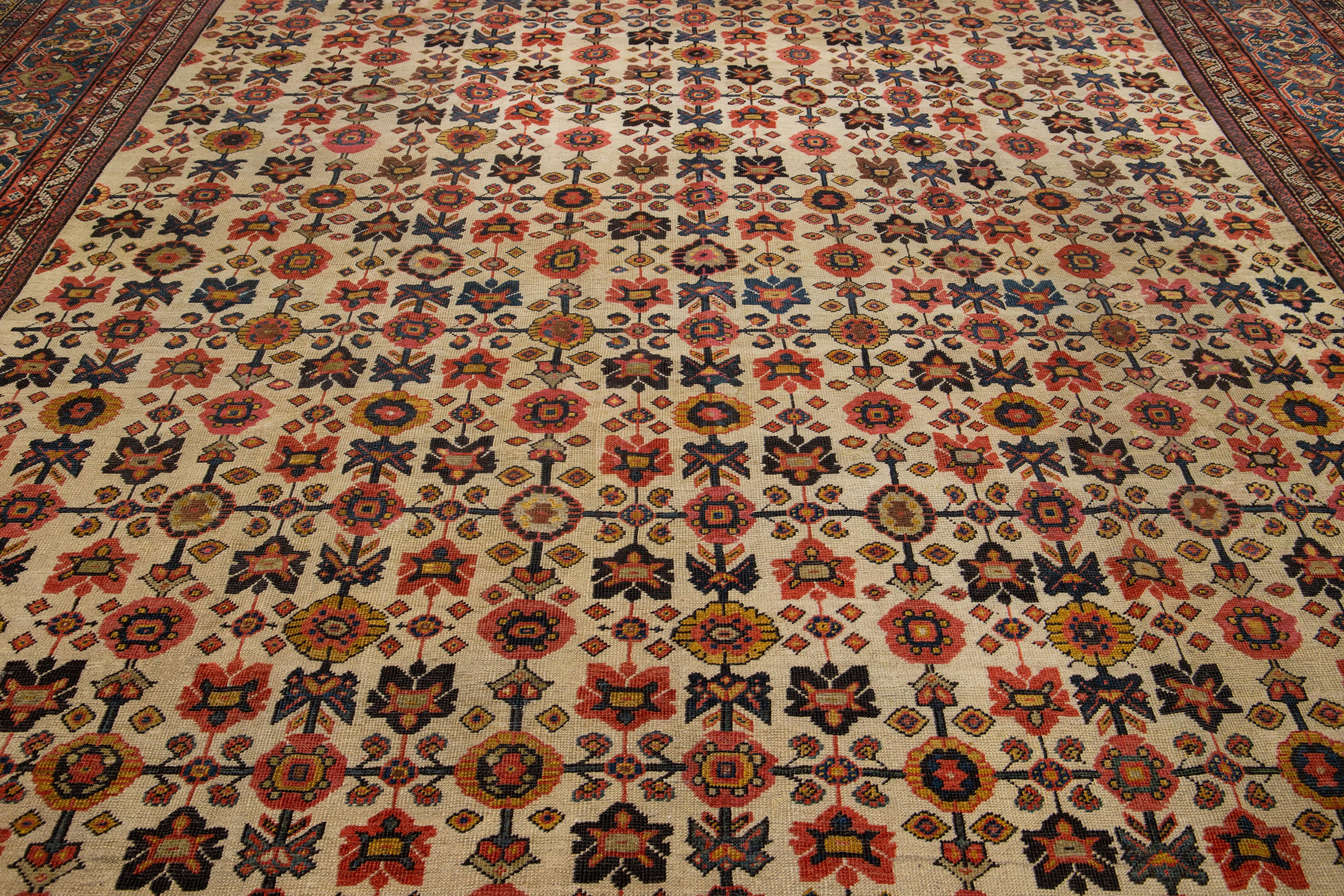 1880s Antique Persian Farahan Tan Wool Rug Handmade With Allover Floral Pattern For Sale 1