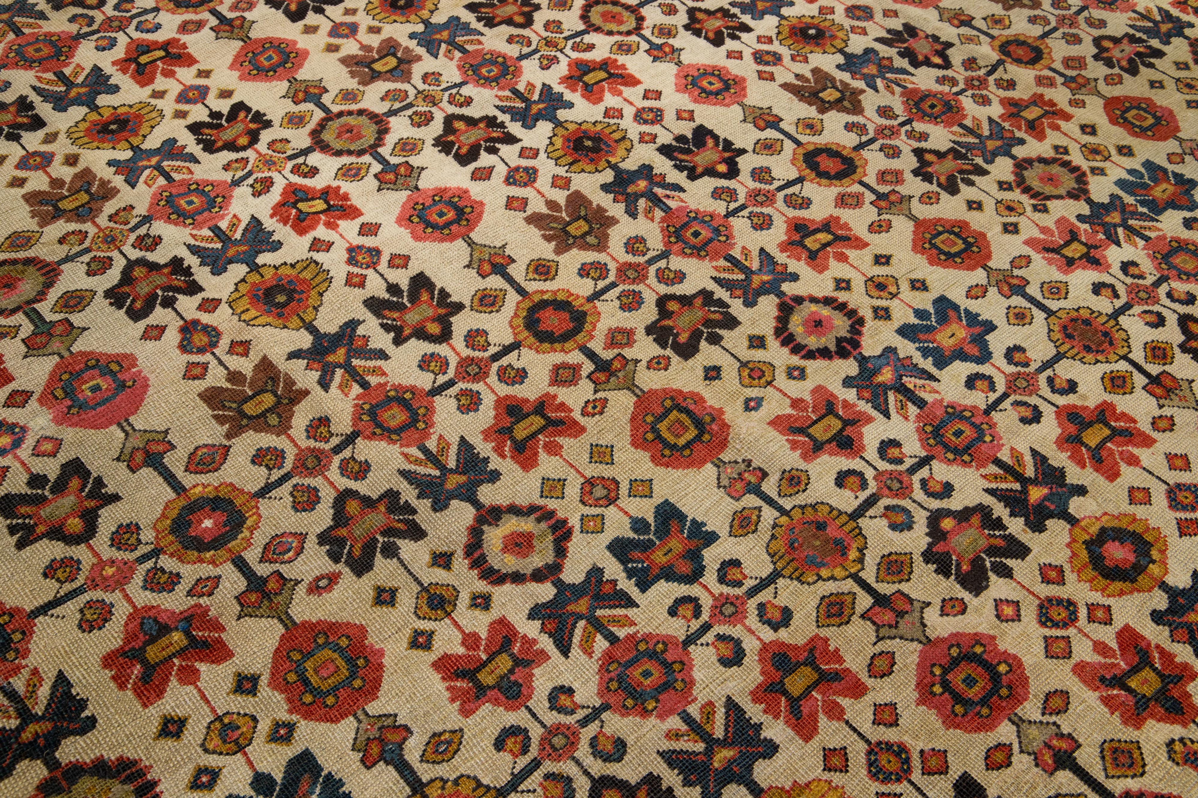 1880s Antique Persian Farahan Tan Wool Rug Handmade With Allover Floral Pattern For Sale 2