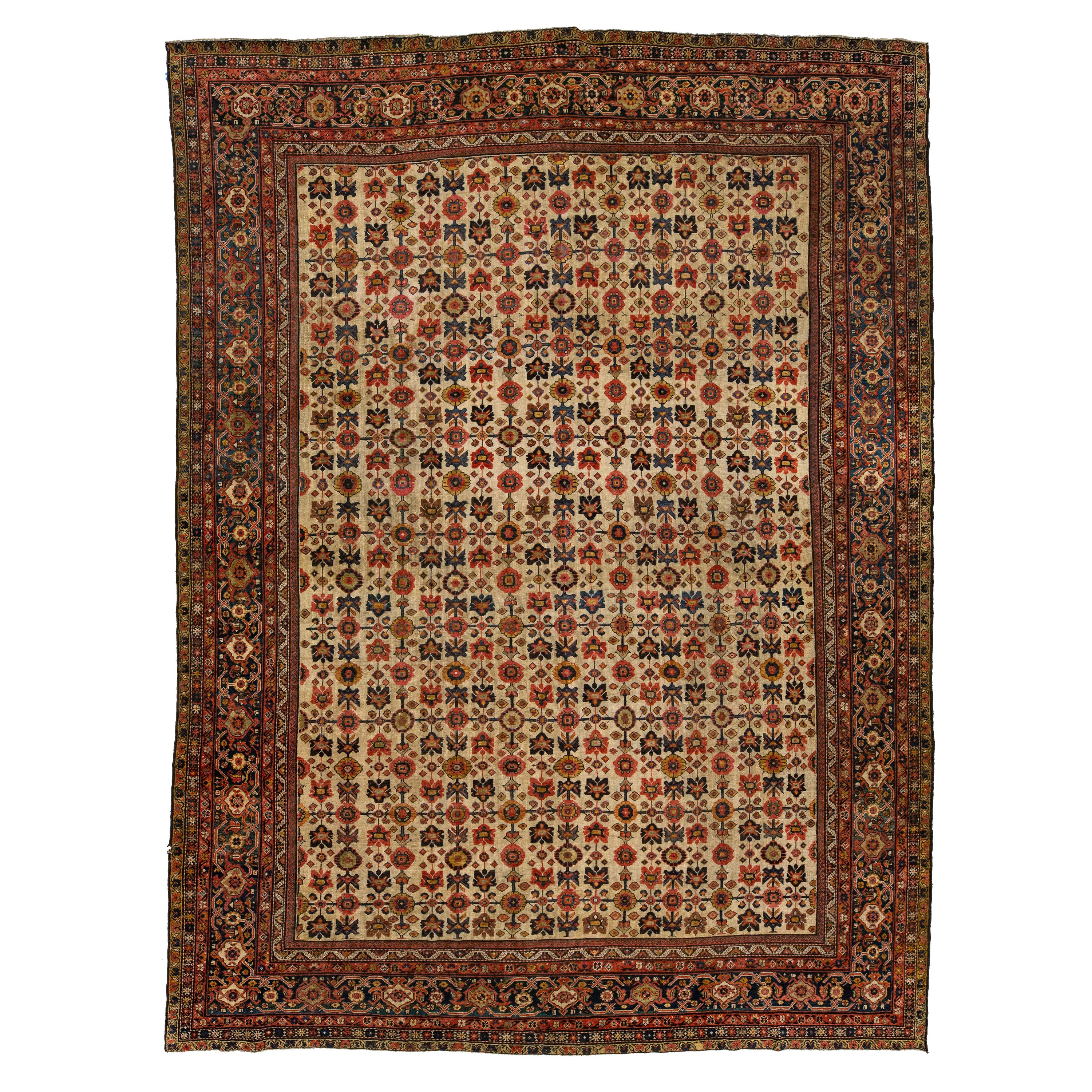 1880s Antiquités Farahan Persan Tapis de laine Tan fait à la main avec motif floral Allover