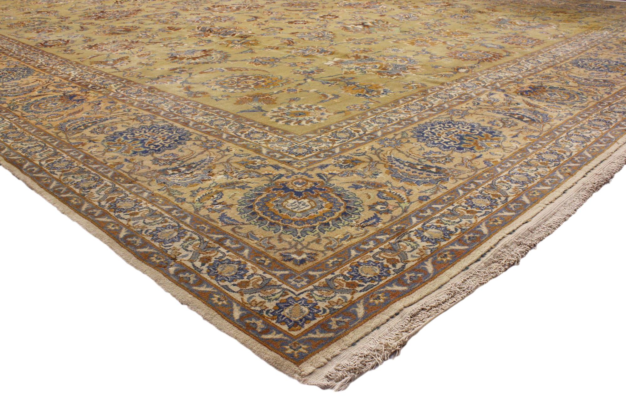 71883 Oversized Antique Persian Kashan Rug, 13'08 x 21'08. Persian Kashan rugs are meticulously crafted hand-knotted rugs originating from Kashan, Iran, celebrated for their intricate designs, superior craftsmanship, and storied heritage. Typically