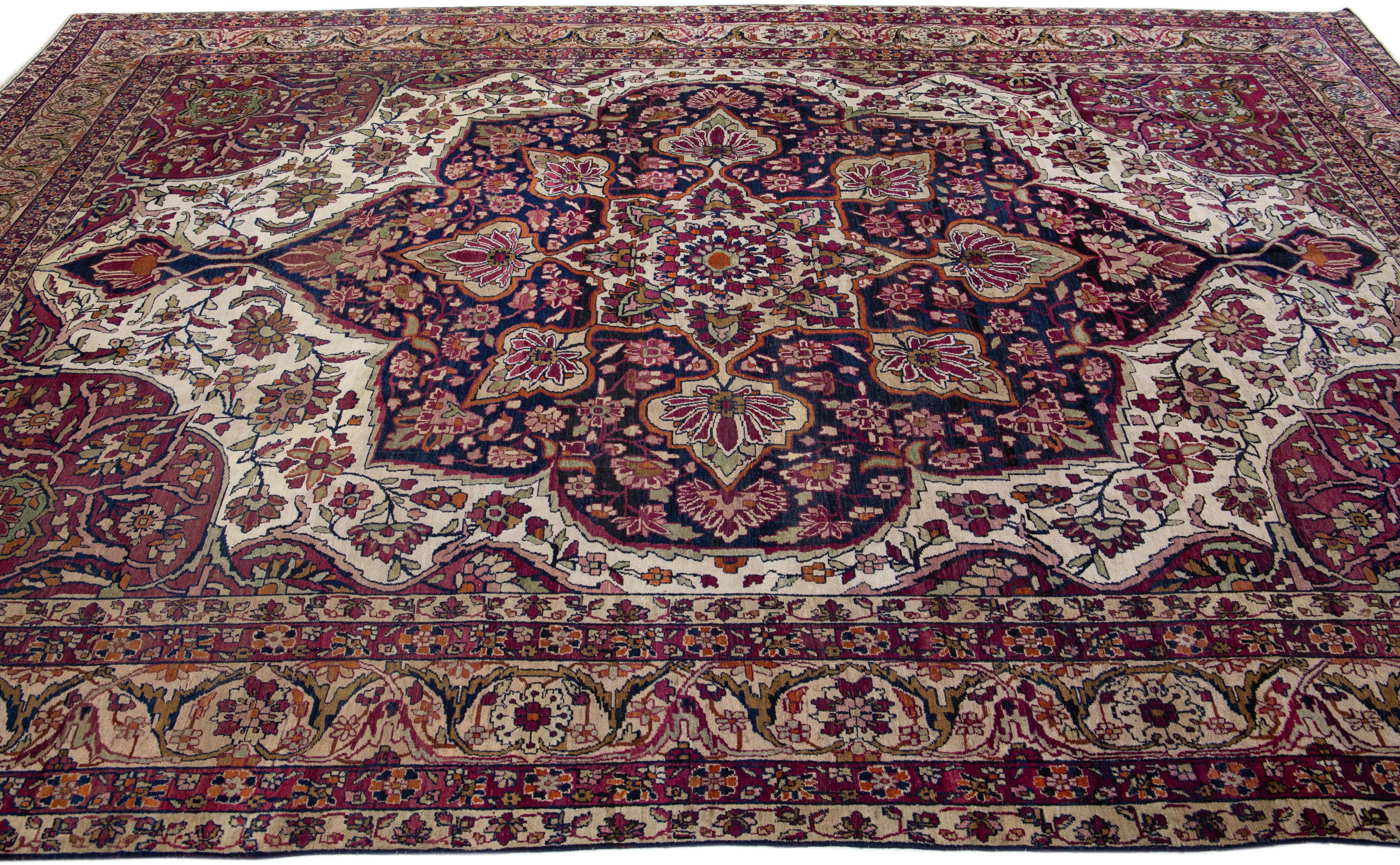 Hand-Knotted 1880's Antique Persian Kerman Handmade Wool Rug with Multicolor Medallion Design For Sale