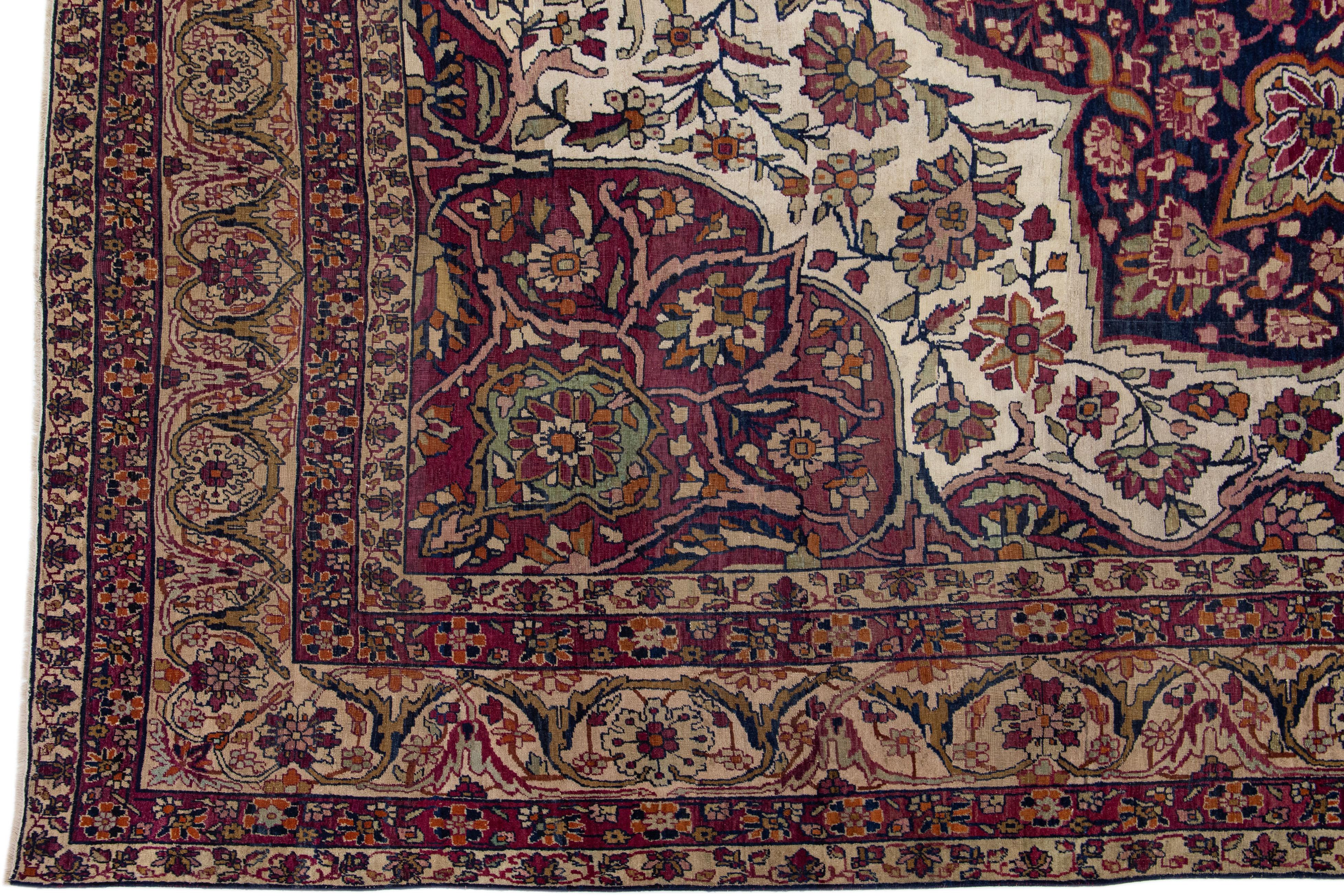 1880's Antique Persian Kerman Handmade Wool Rug with Multicolor Medallion Design In Good Condition For Sale In Norwalk, CT