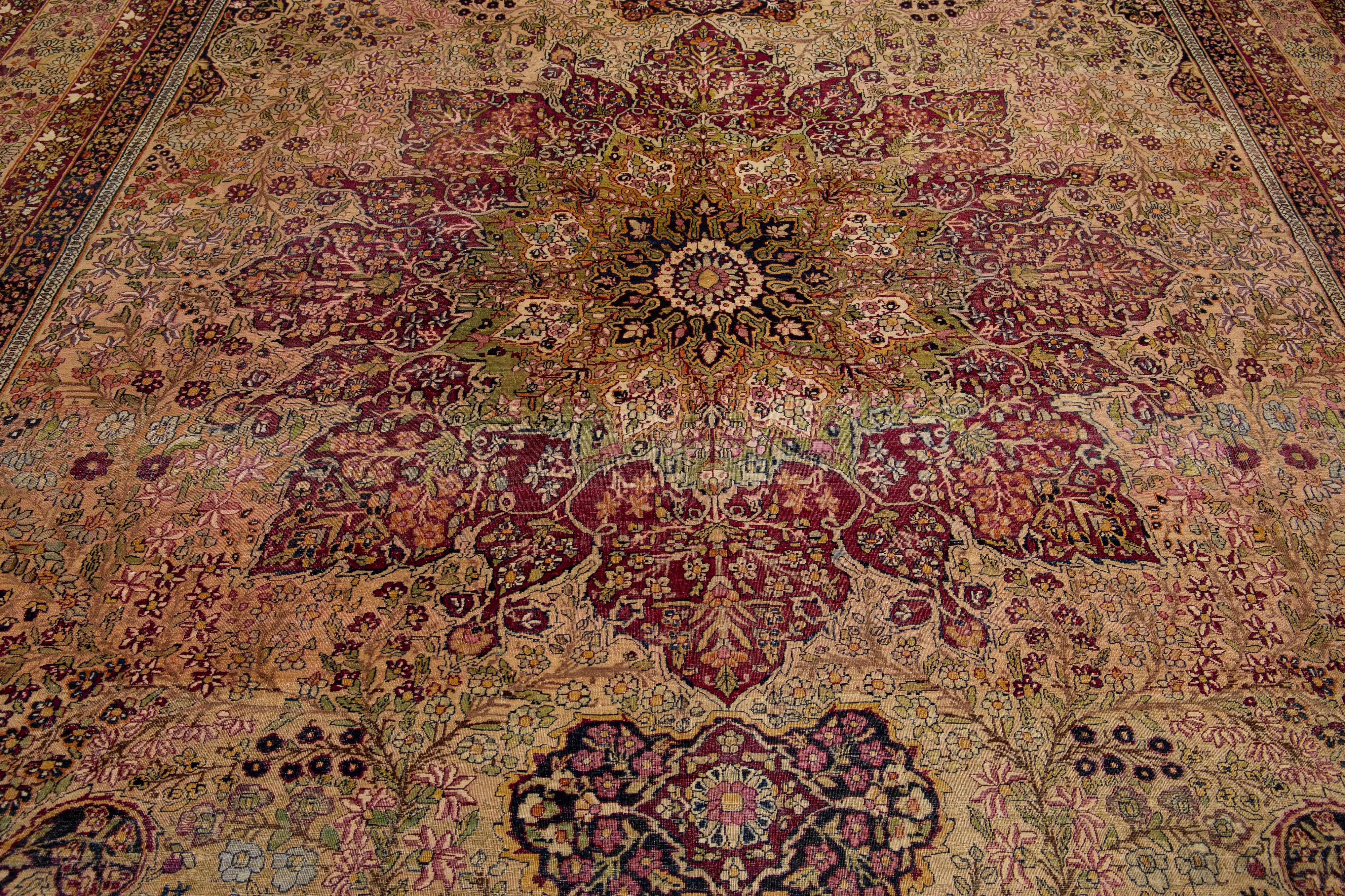 1880s Antique Persian Kerman Red Wool Rug Handmade Featuring a Rosette Motif  For Sale 1