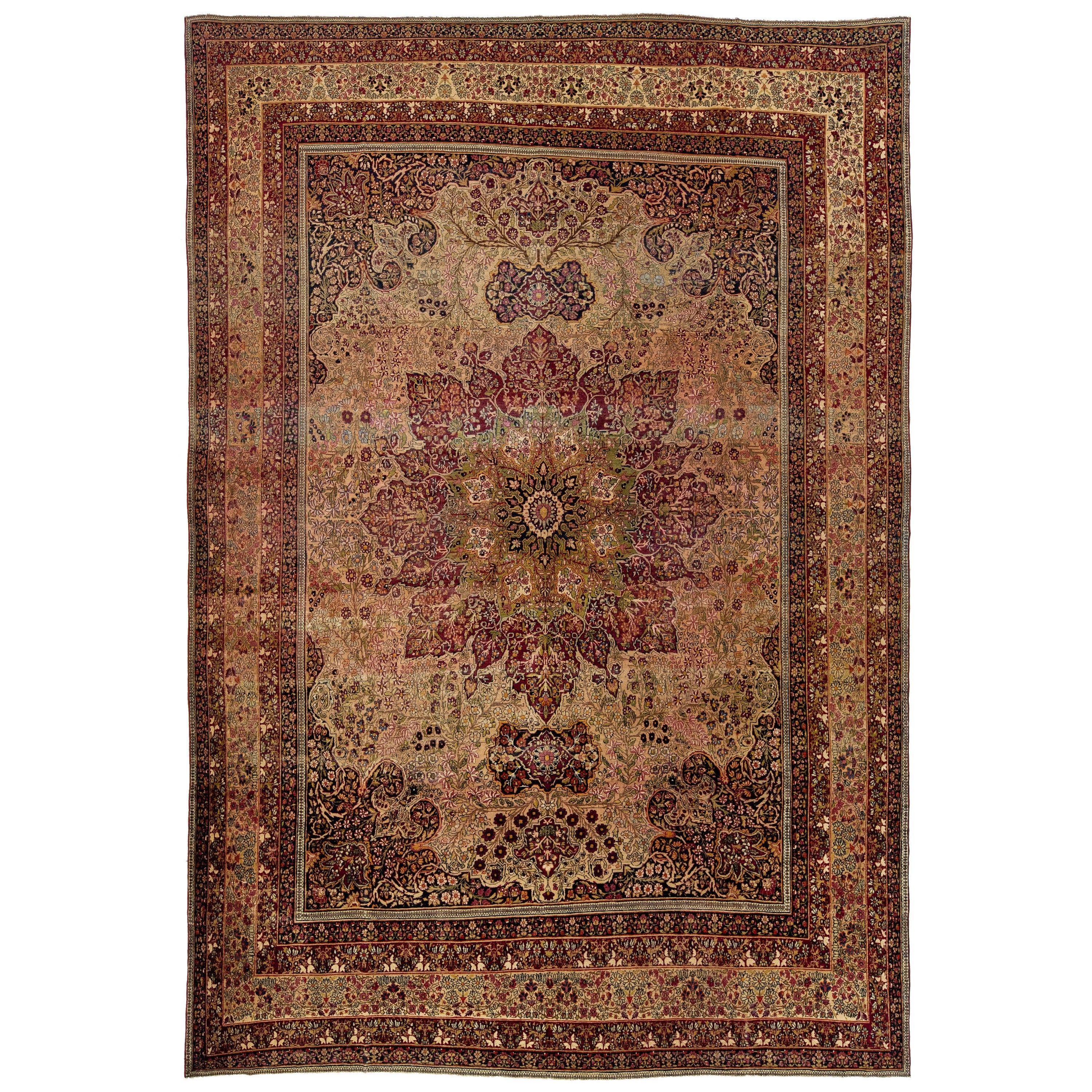 Tappeto antico persiano in lana rossa Kerman del 1880 fatto a mano con motivo a rosette