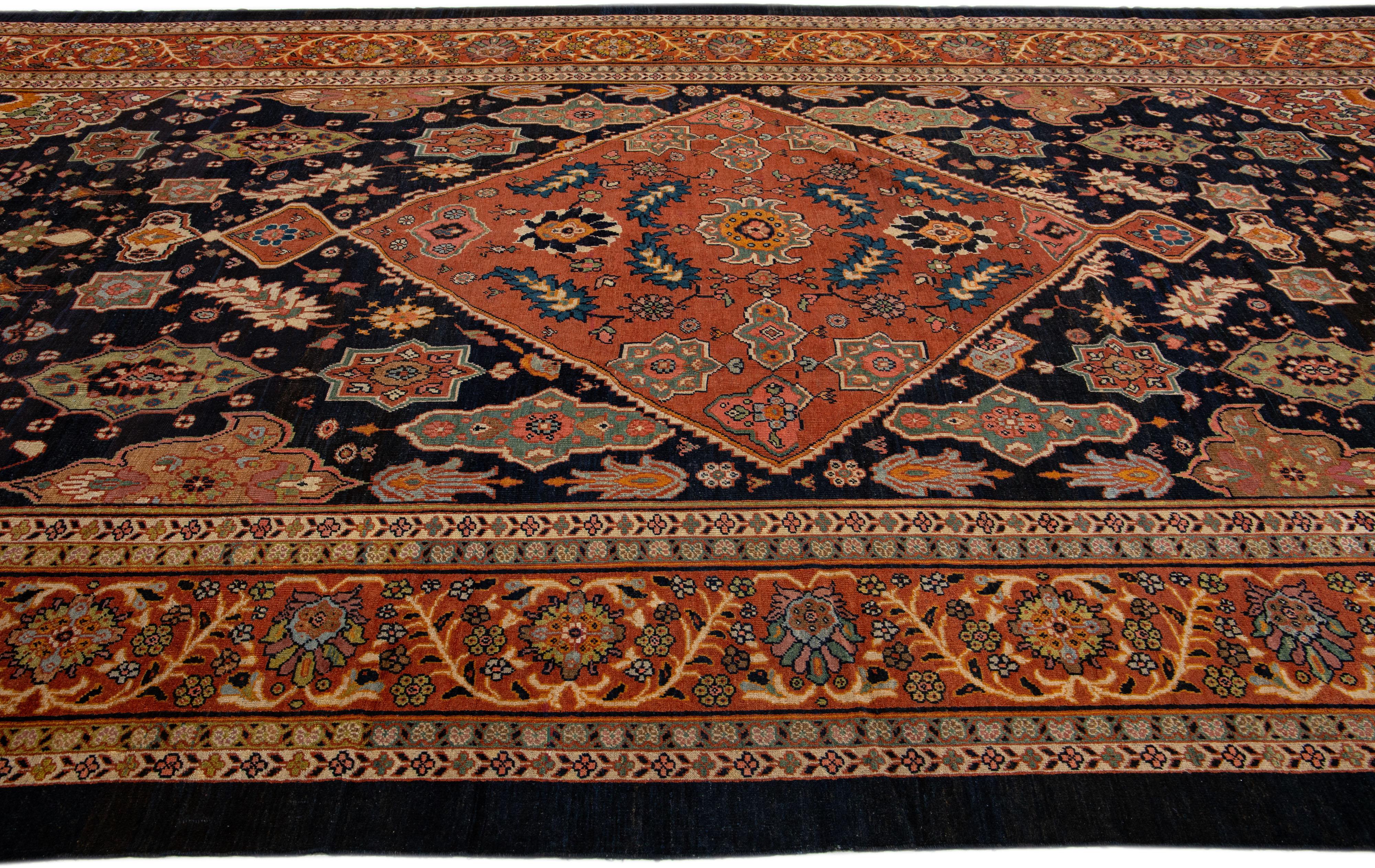 Islamic 1880s Antique Persian Mahal Wool Rug with Dark Blue Field For Sale