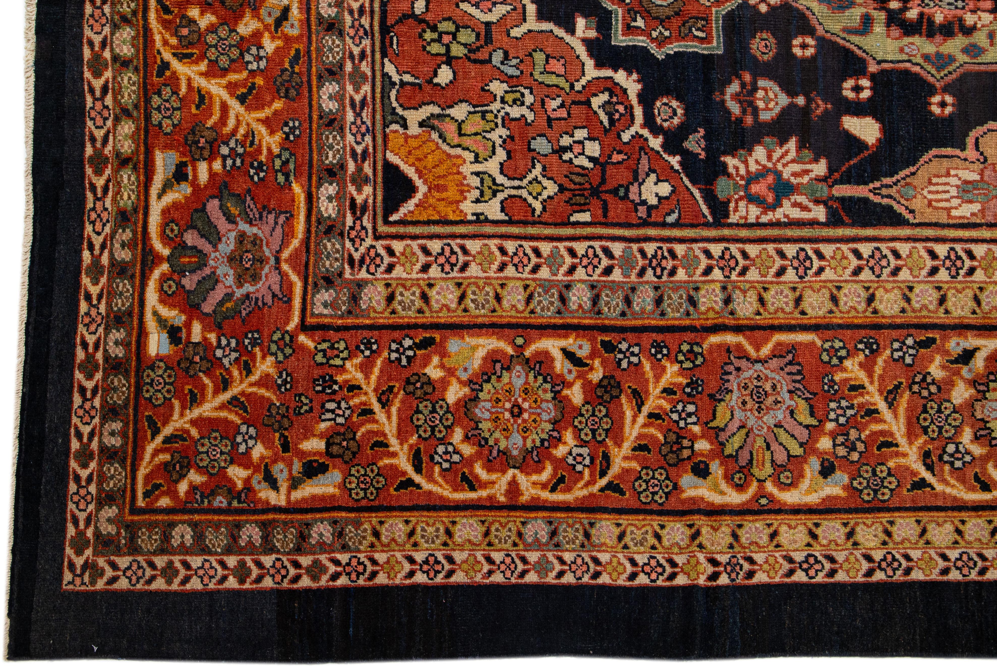 Hand-Knotted 1880s Antique Persian Mahal Wool Rug with Dark Blue Field For Sale