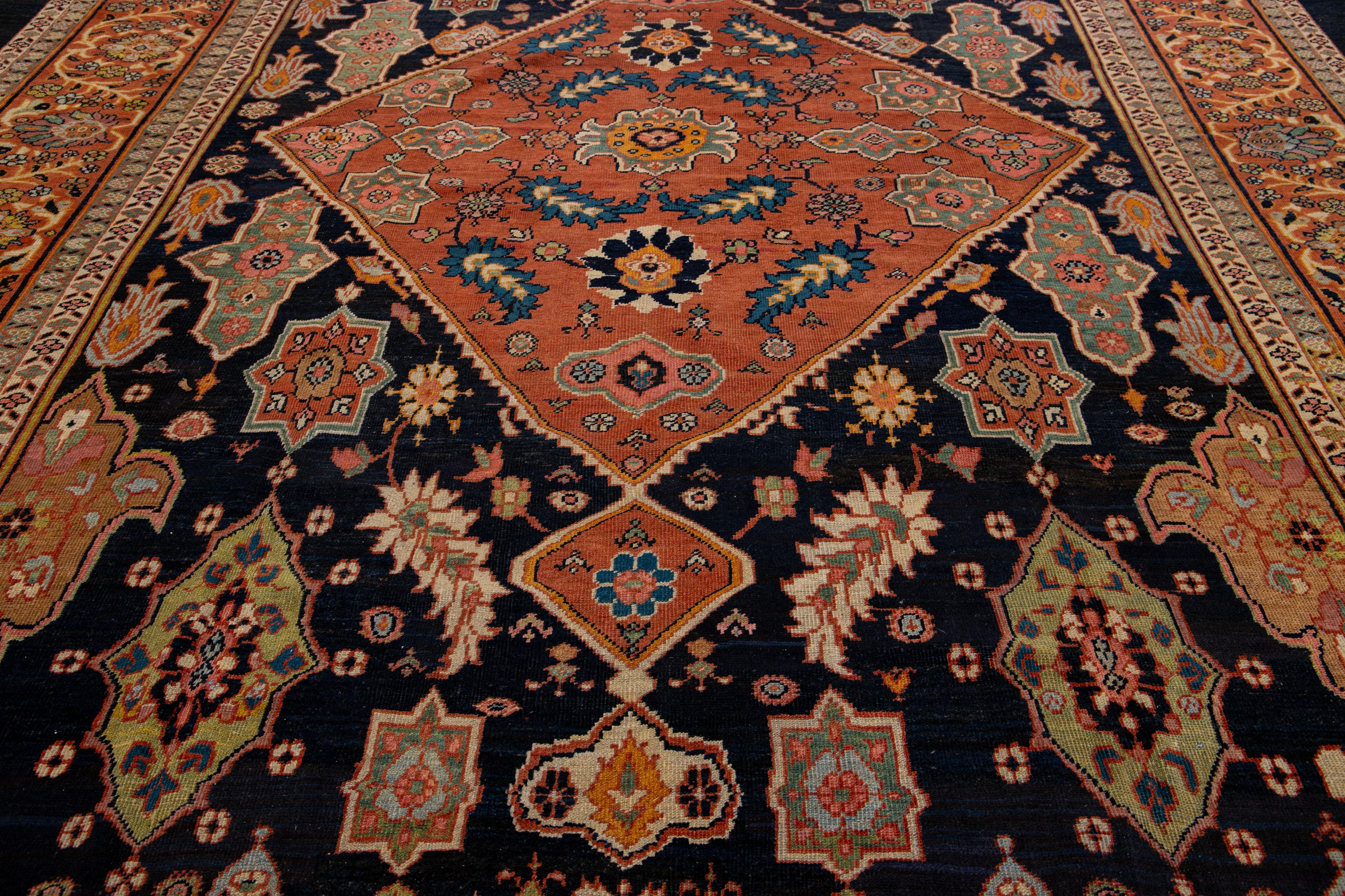 1880s Antique Persian Mahal Wool Rug with Dark Blue Field In Good Condition For Sale In Norwalk, CT