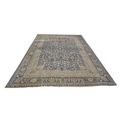 Tapis persan ancien Mohtasham Kashan 9x12 bleu indigo et ivoire des années 1880