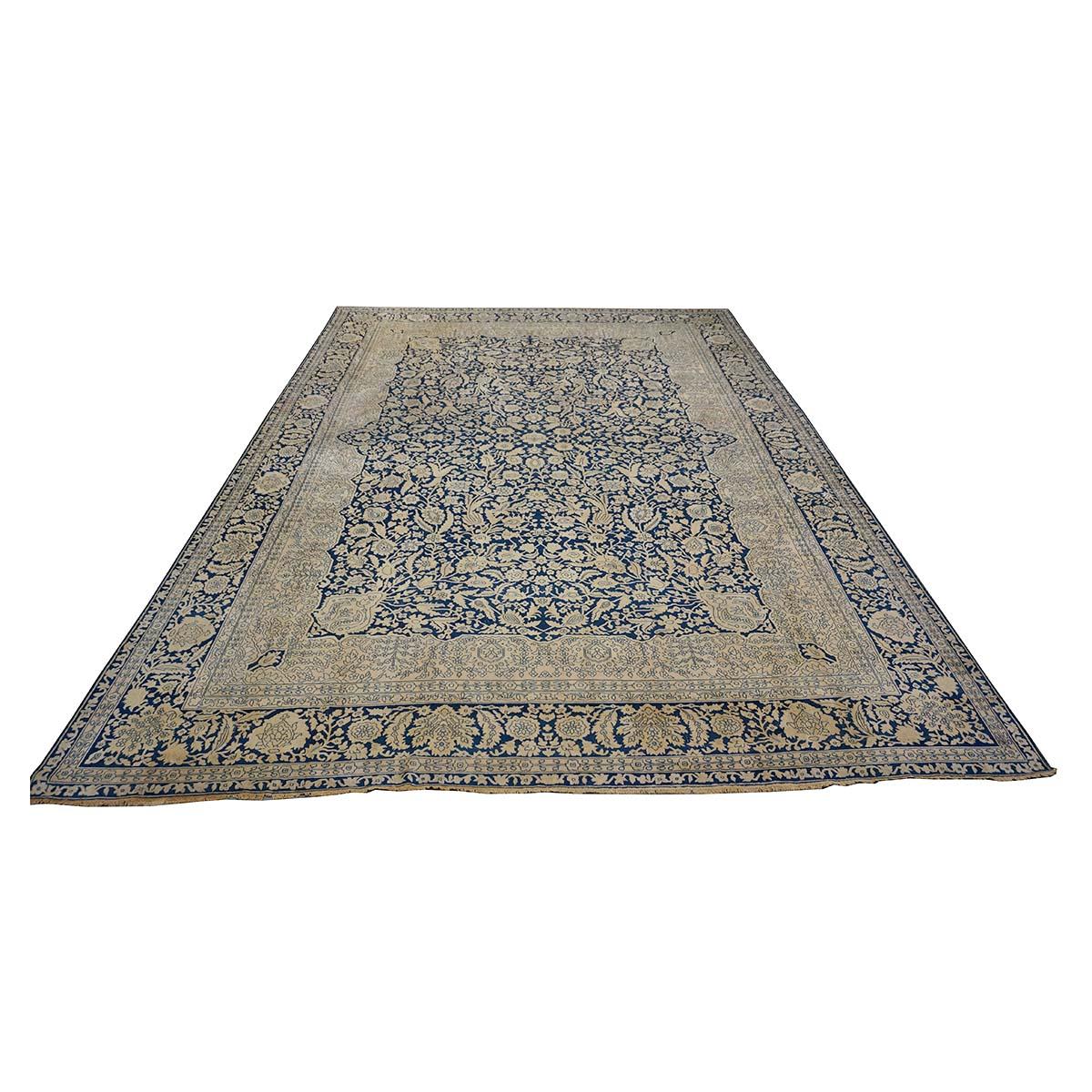 1880er Jahre antike persische Mohtasham Kashan 9x12 Indigo Blau & Elfenbein Bereich Teppich (Kaschan) im Angebot