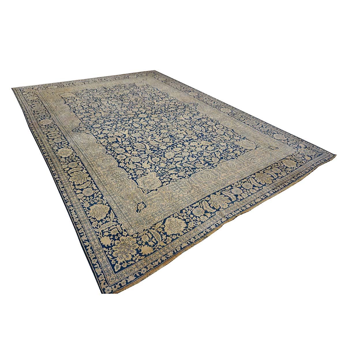 1880er Jahre antike persische Mohtasham Kashan 9x12 Indigo Blau & Elfenbein Bereich Teppich (Persisch) im Angebot