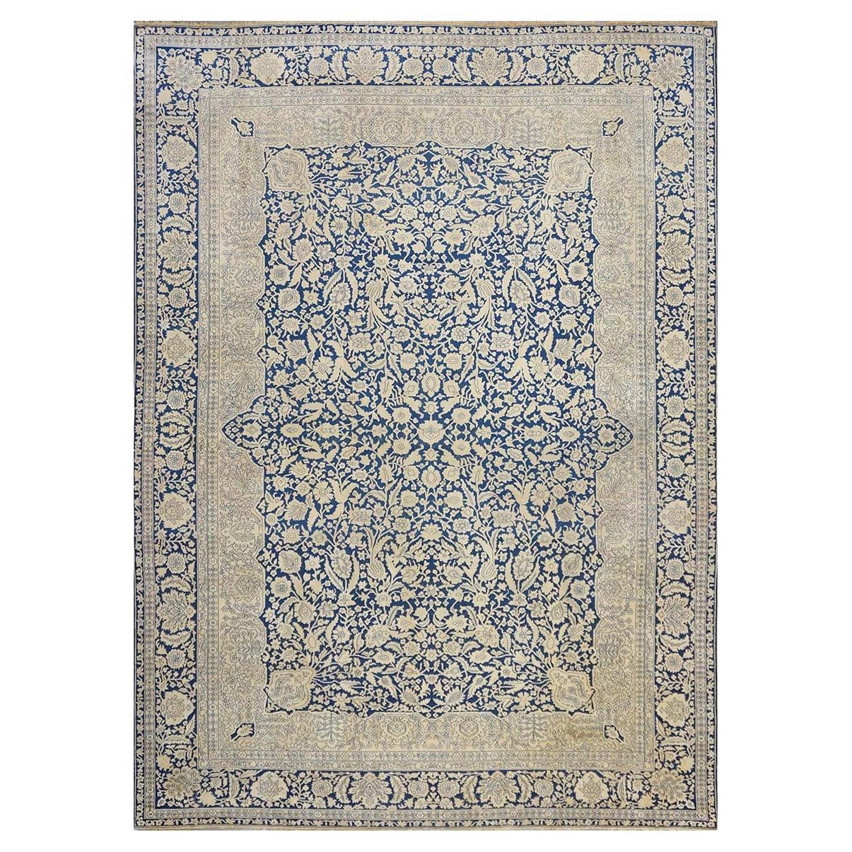 1880er Jahre antike persische Mohtasham Kashan 9x12 Indigo Blau & Elfenbein Bereich Teppich im Angebot