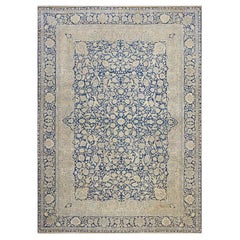 Tapis persan ancien Mohtasham Kashan 9x12 bleu indigo et ivoire des années 1880