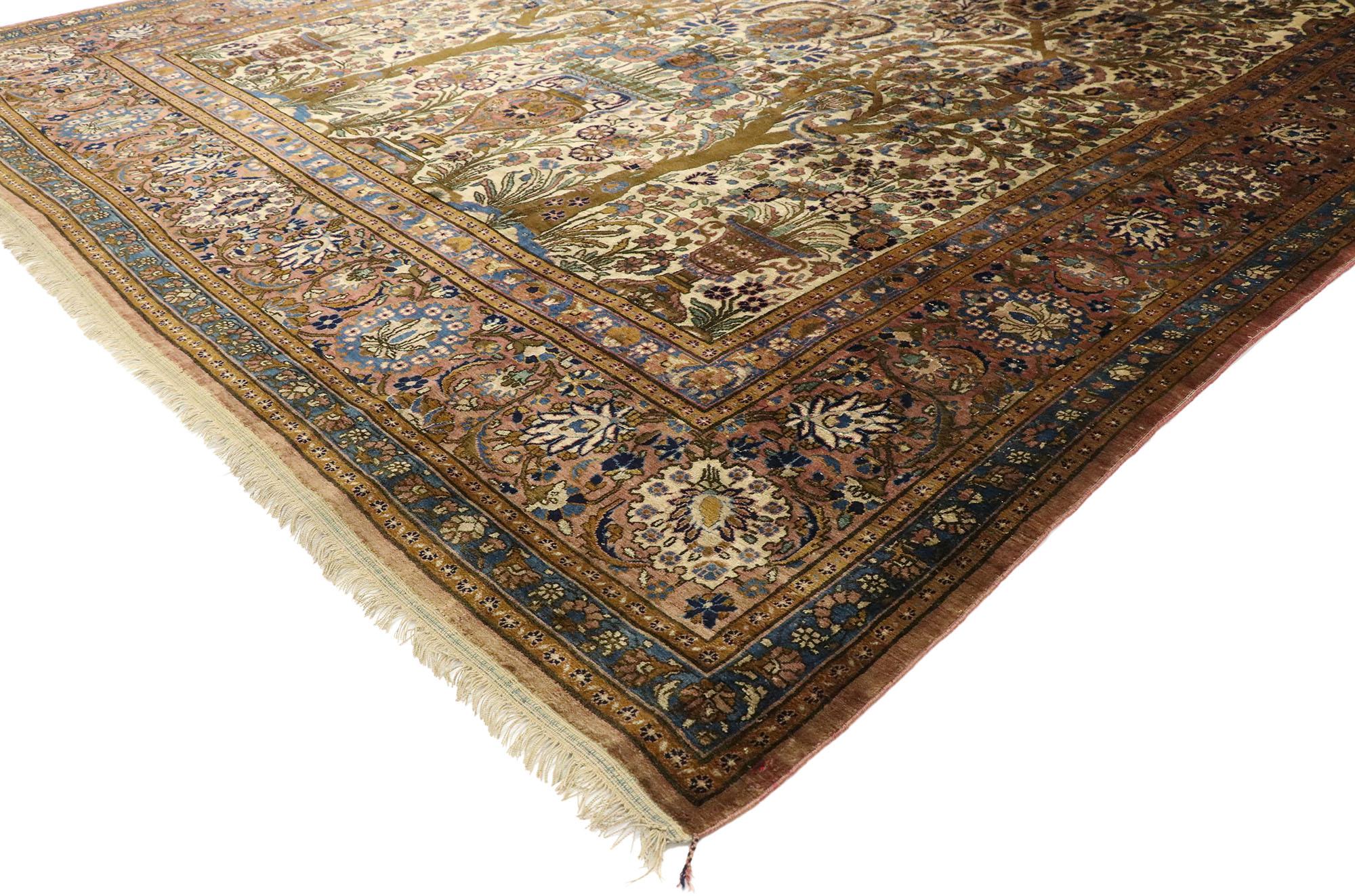 74220 Antiker persischer Mohtashem Kashan Seidenrichtteppich im königlichen neoklassischen Stil. Opulenz und Anmut mit betörendem Ambiente. Dieser antike persische Mohtashem Kashan Gebetsteppich zeigt ein wunderschönes, gewelltes