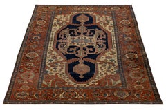 1880s Antique Persian Serapi Blue Wool Rug Featuring a Medallion Design