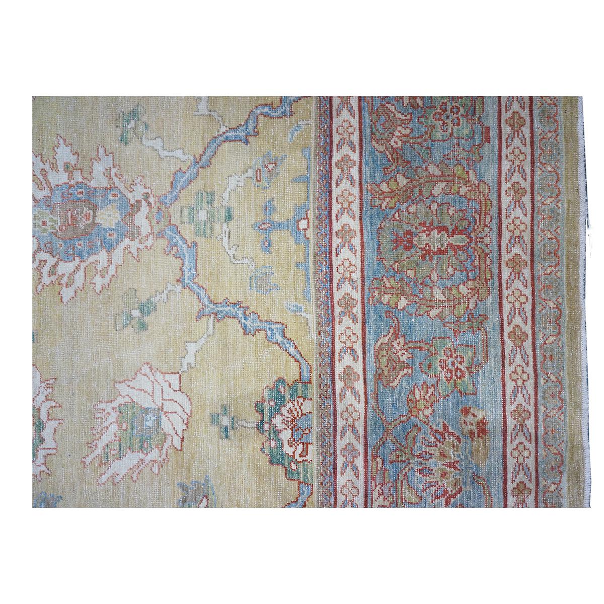 1880s Antique Persian Sultanabad 16x19 Tan, Blue, & Ivory Handmade Area Rug For Sale 4