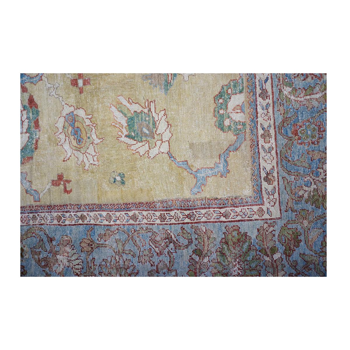 1880s Antique Persian Sultanabad 16x19 Tan, Blue, & Ivory Handmade Area Rug For Sale 6