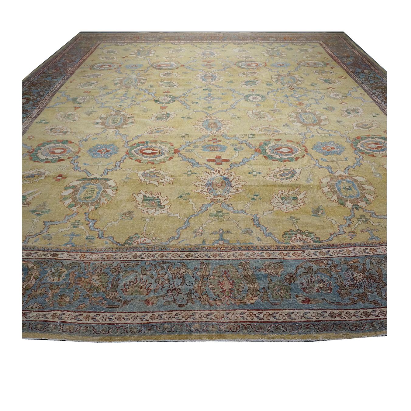 Hand-Woven 1880s Antique Persian Sultanabad 16x19 Tan, Blue, & Ivory Handmade Area Rug For Sale