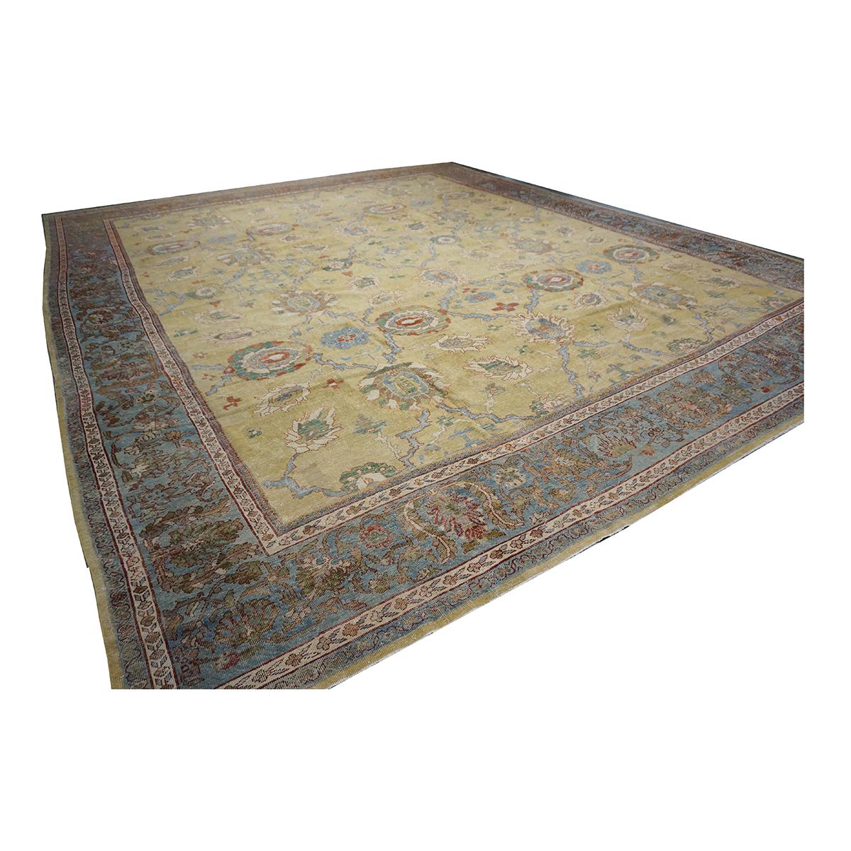 1880s Antique Persian Sultanabad 16x19 Tan, Blue, & Ivory Handmade Area Rug In Fair Condition For Sale In Houston, TX