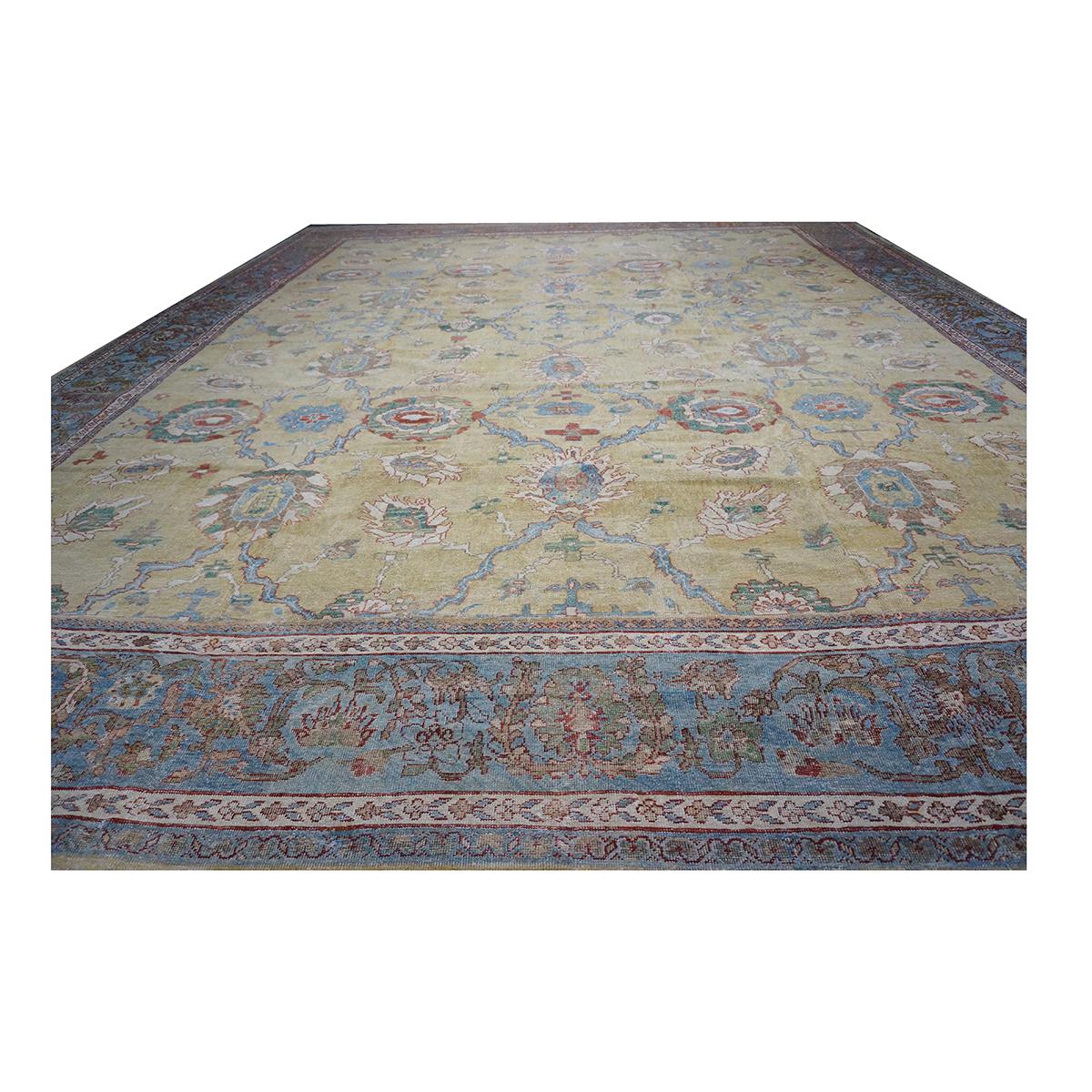 Late 19th Century 1880s Antique Persian Sultanabad 16x19 Tan, Blue, & Ivory Handmade Area Rug For Sale