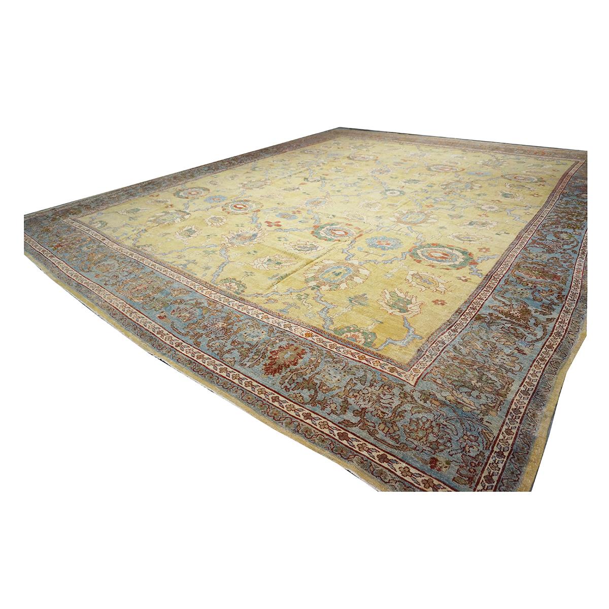 Wool 1880s Antique Persian Sultanabad 16x19 Tan, Blue, & Ivory Handmade Area Rug For Sale