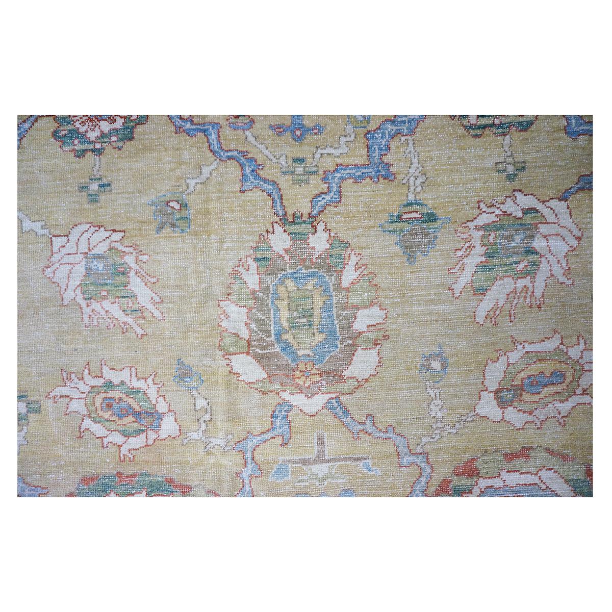 1880s Antique Persian Sultanabad 16x19 Tan, Blue, & Ivory Handmade Area Rug For Sale 1