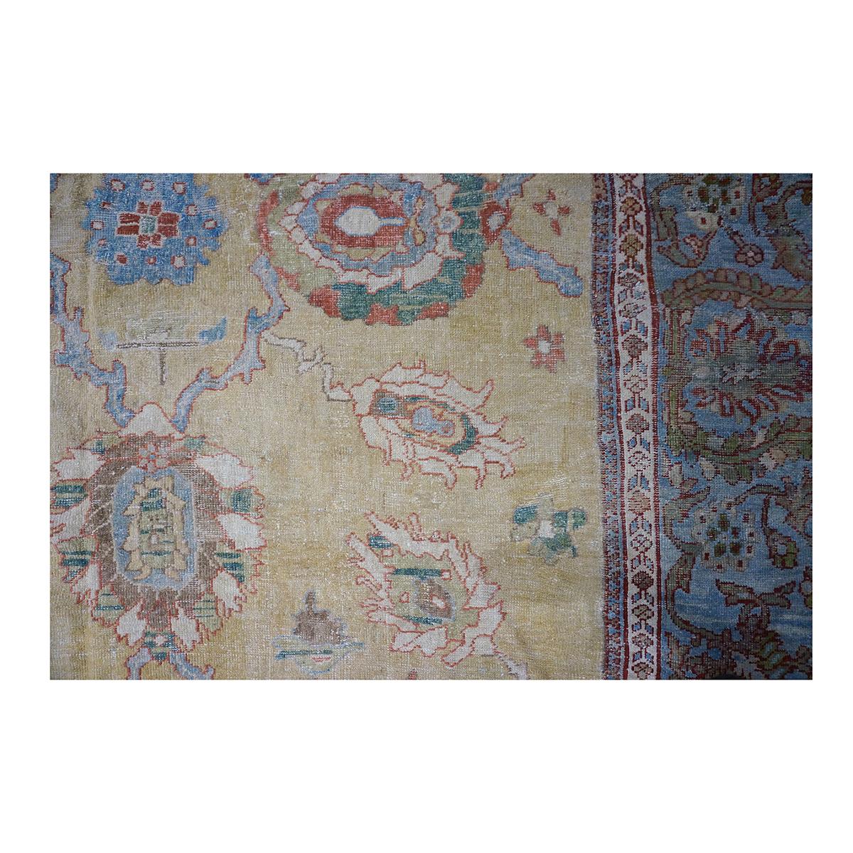 1880s Antique Persian Sultanabad 16x19 Tan, Blue, & Ivory Handmade Area Rug For Sale 3