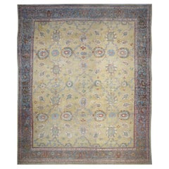 Tapis persan ancien Sultanabad 16x19 brun clair, bleu et ivoire fait à la main des années 1880