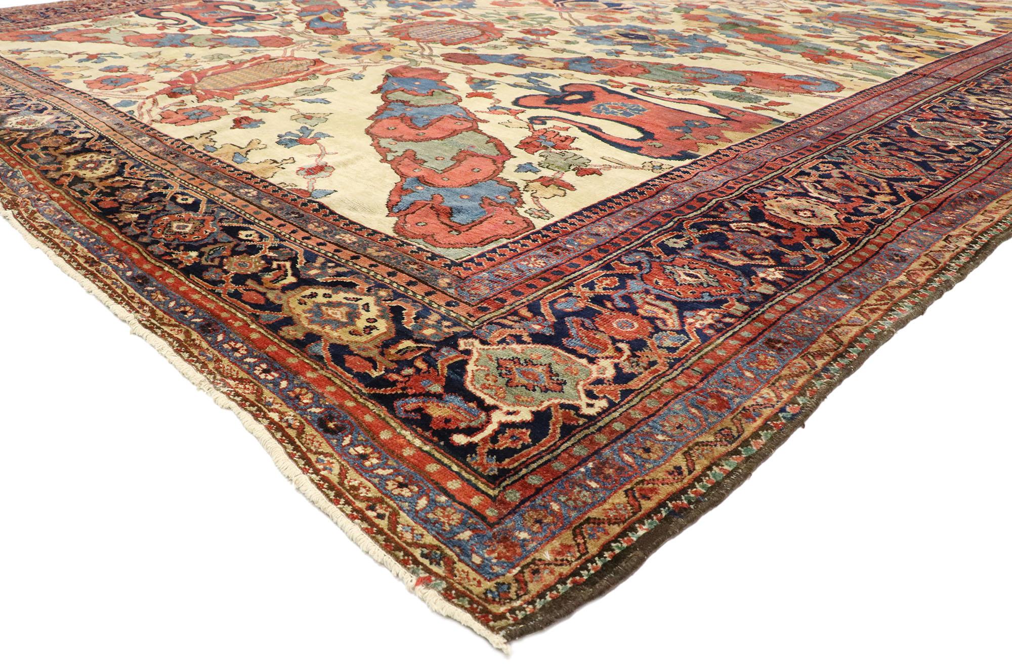 75660, antique Persian Ziegler Mahal Sultanabad rug, Palace size Persian rug. This antique Persian Ziegler Mahal showcases a classic Sultanabad design composed of large-scale blooming palmettes, lotus, pomegranates, stylized flowers, sprigs of