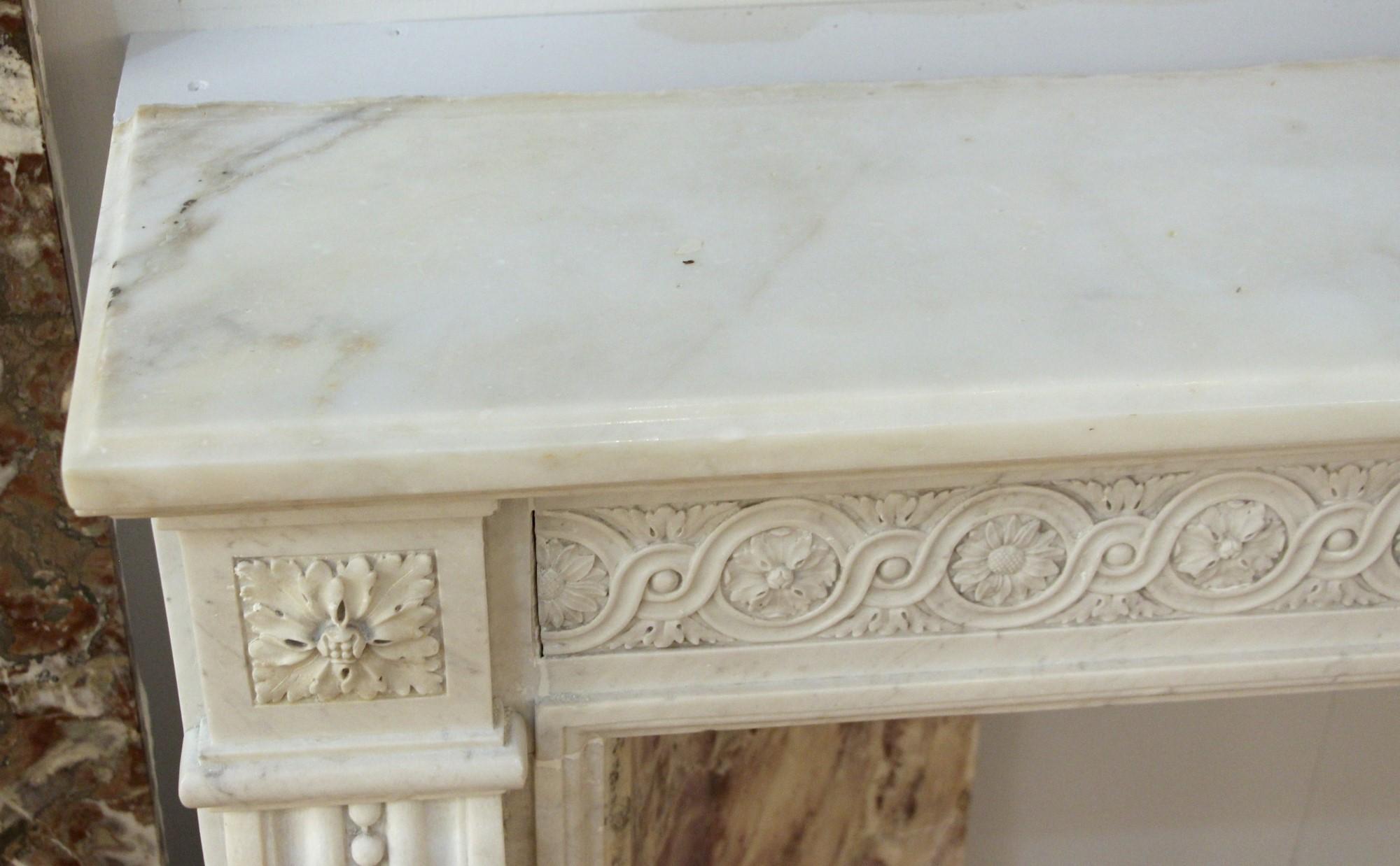 1880s Small Victorian White Carrara Marble Mantel Hand Carved Details For Sale 4