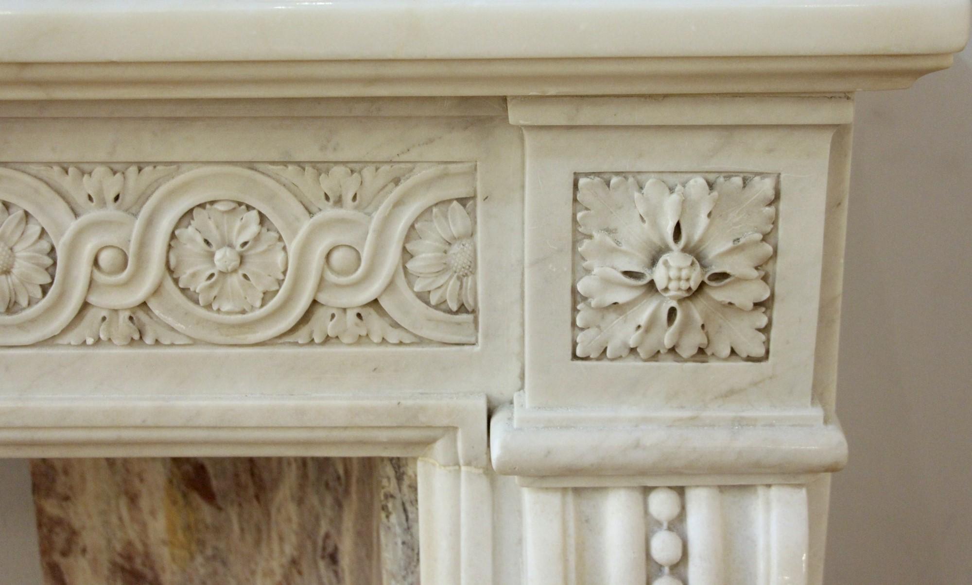 1880s Small Victorian White Carrara Marble Mantel Hand Carved Details In Good Condition For Sale In New York, NY