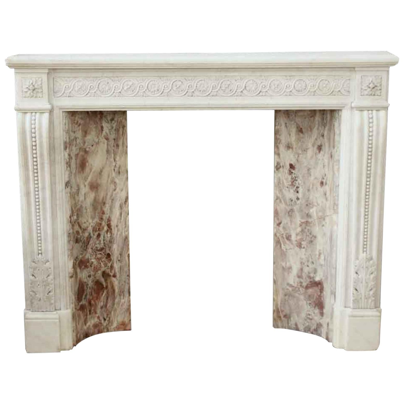 1880s Small Victorian White Carrara Marble Mantel Hand Carved Details For Sale