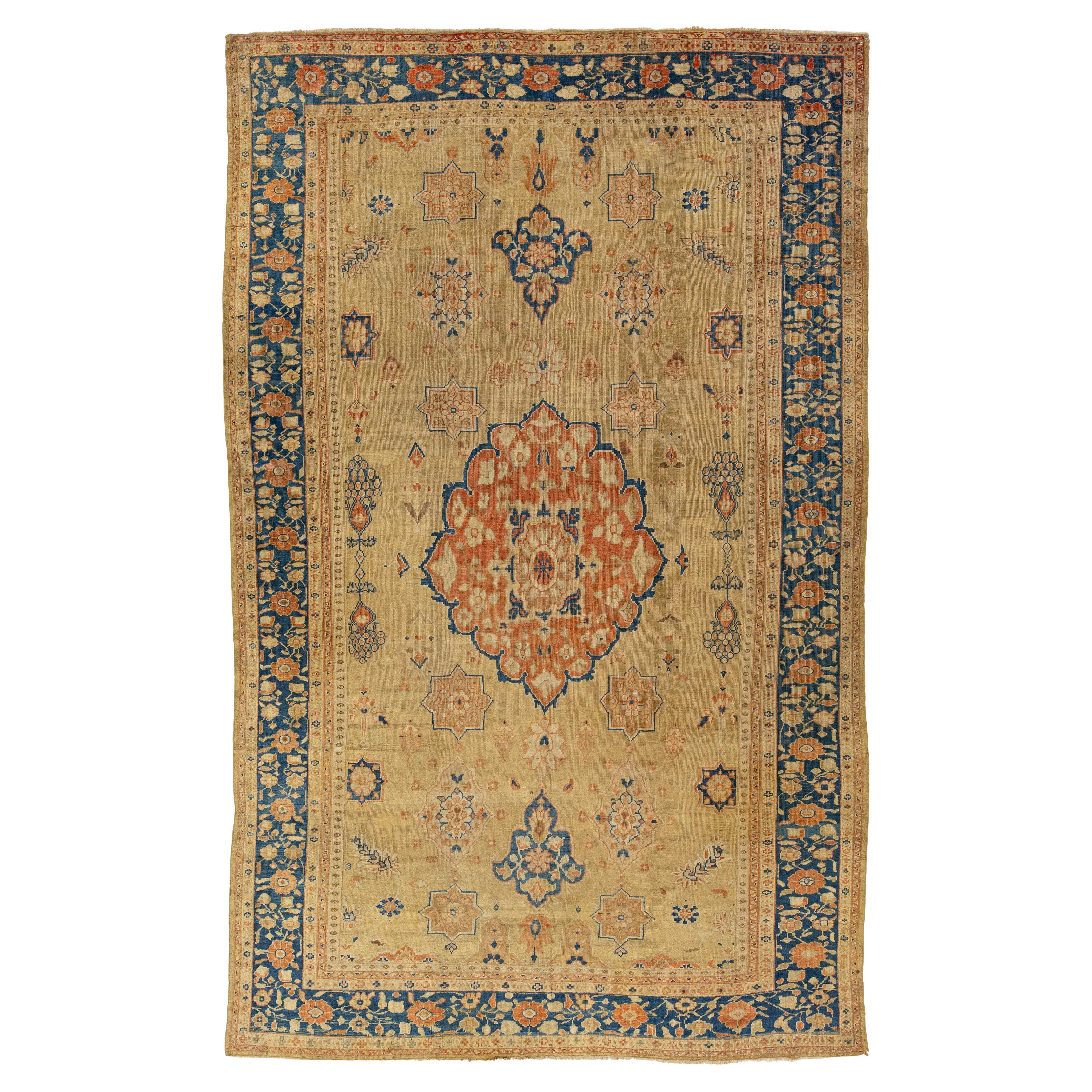 Tappeto antico in lana Sultanabad Rugs del 1880 fatto a mano in tan con motivo floreale