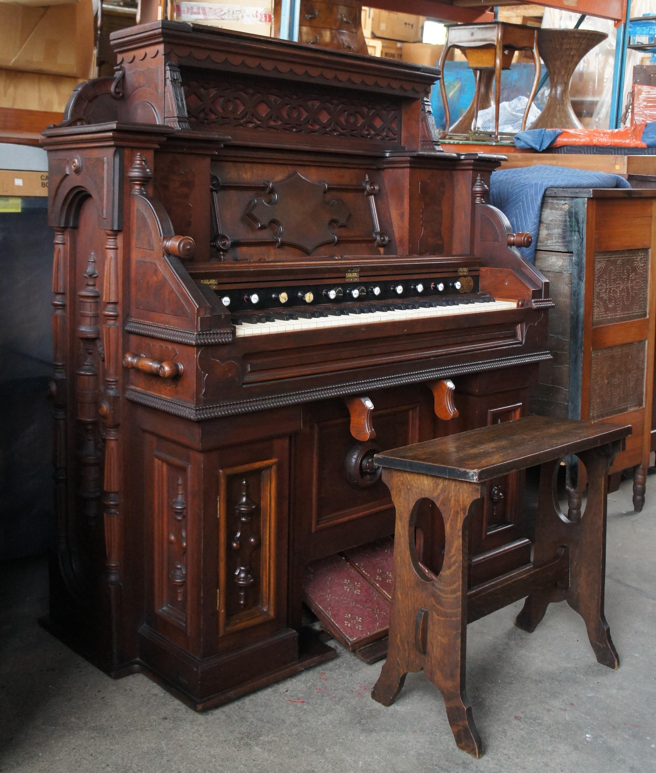 1880s Antique Victorian Eastlake W.W. Kimball Walnut Carved Chapal Pump Organ 4