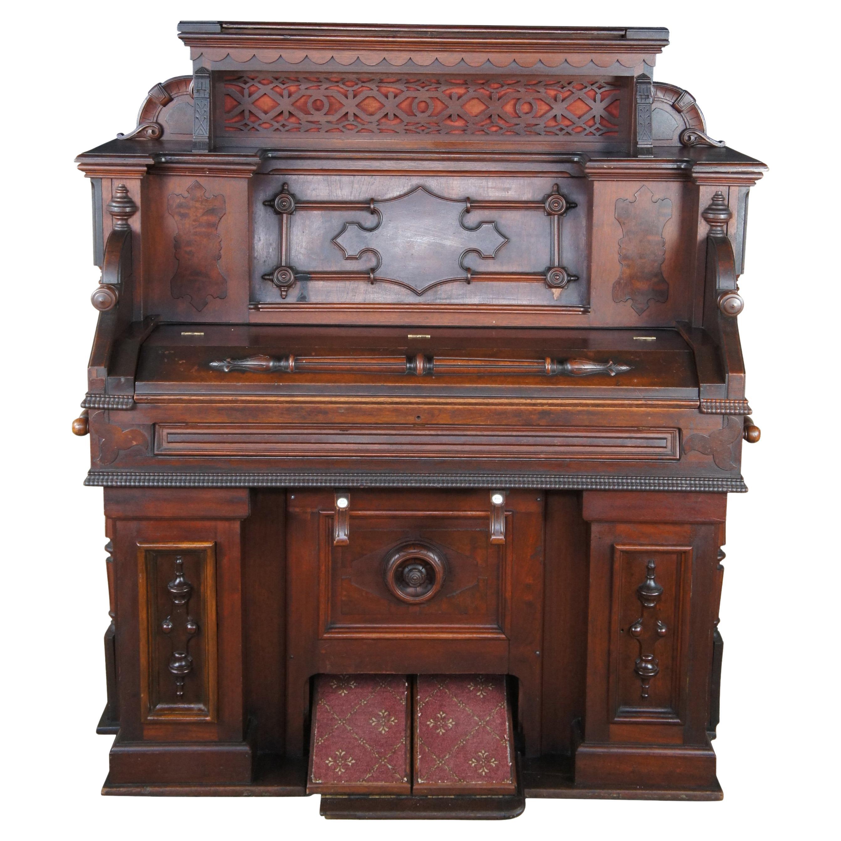 1880s Antique Victorian Eastlake W.W. Kimball Walnut Carved Chapal Pump Organ