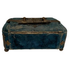 1800s Antique Victorian Jewelry Box Faded Blue Velvet and Patinated Brass