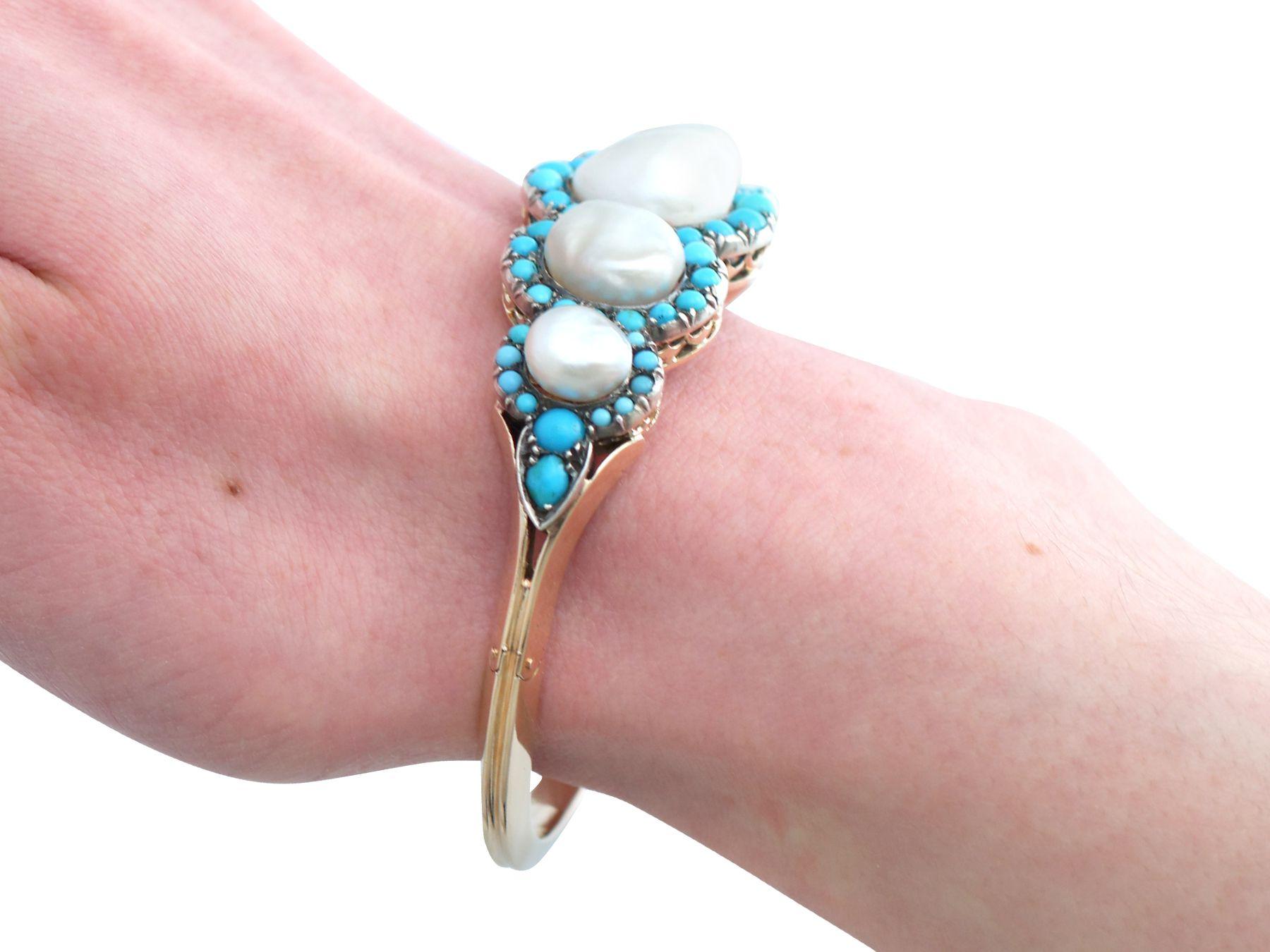 1880s Antique Victorian Natural Pearl and Turquoise Gold Bangle For Sale 5
