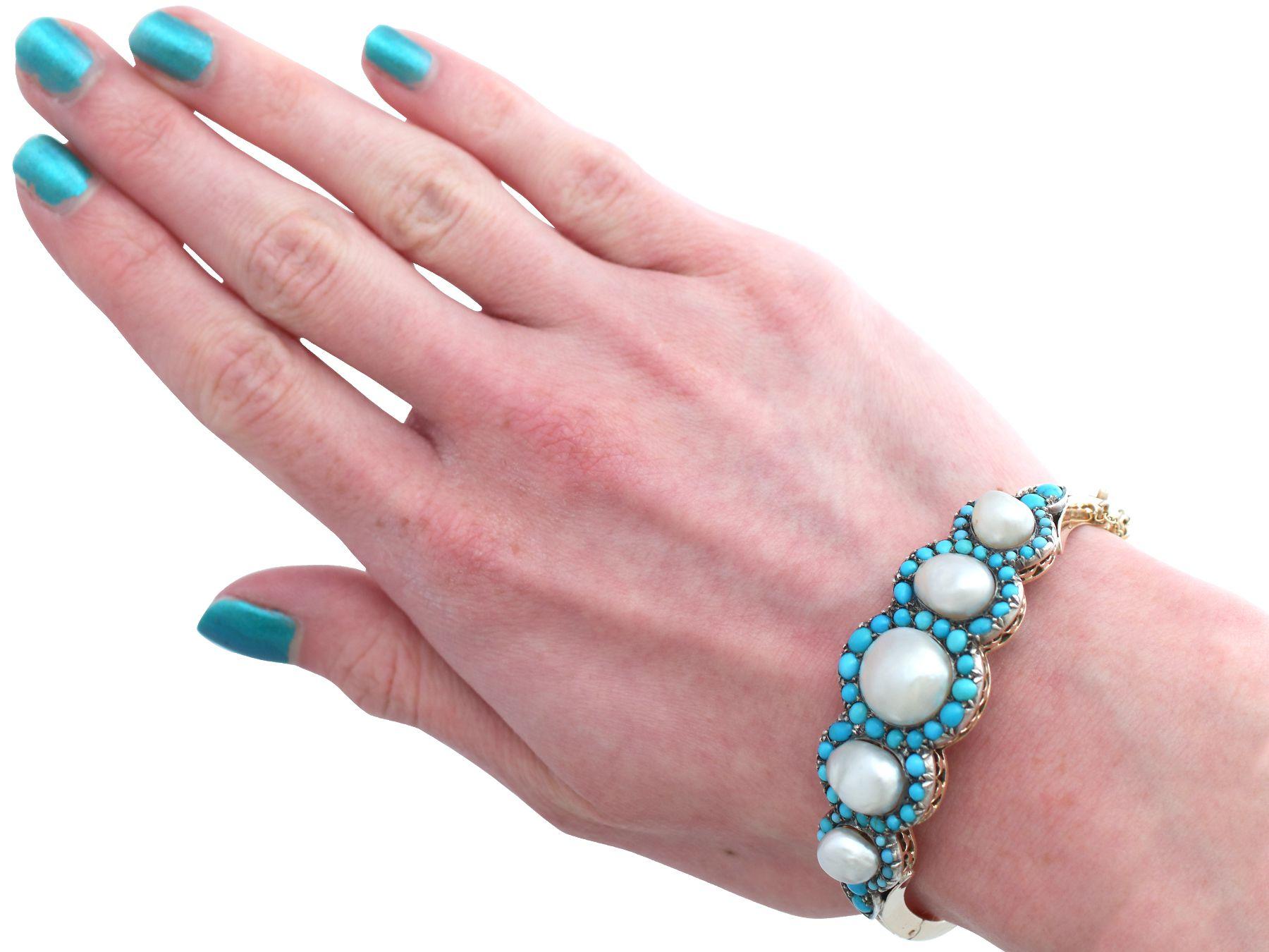 1880s Antique Victorian Natural Pearl and Turquoise Gold Bangle For Sale 9