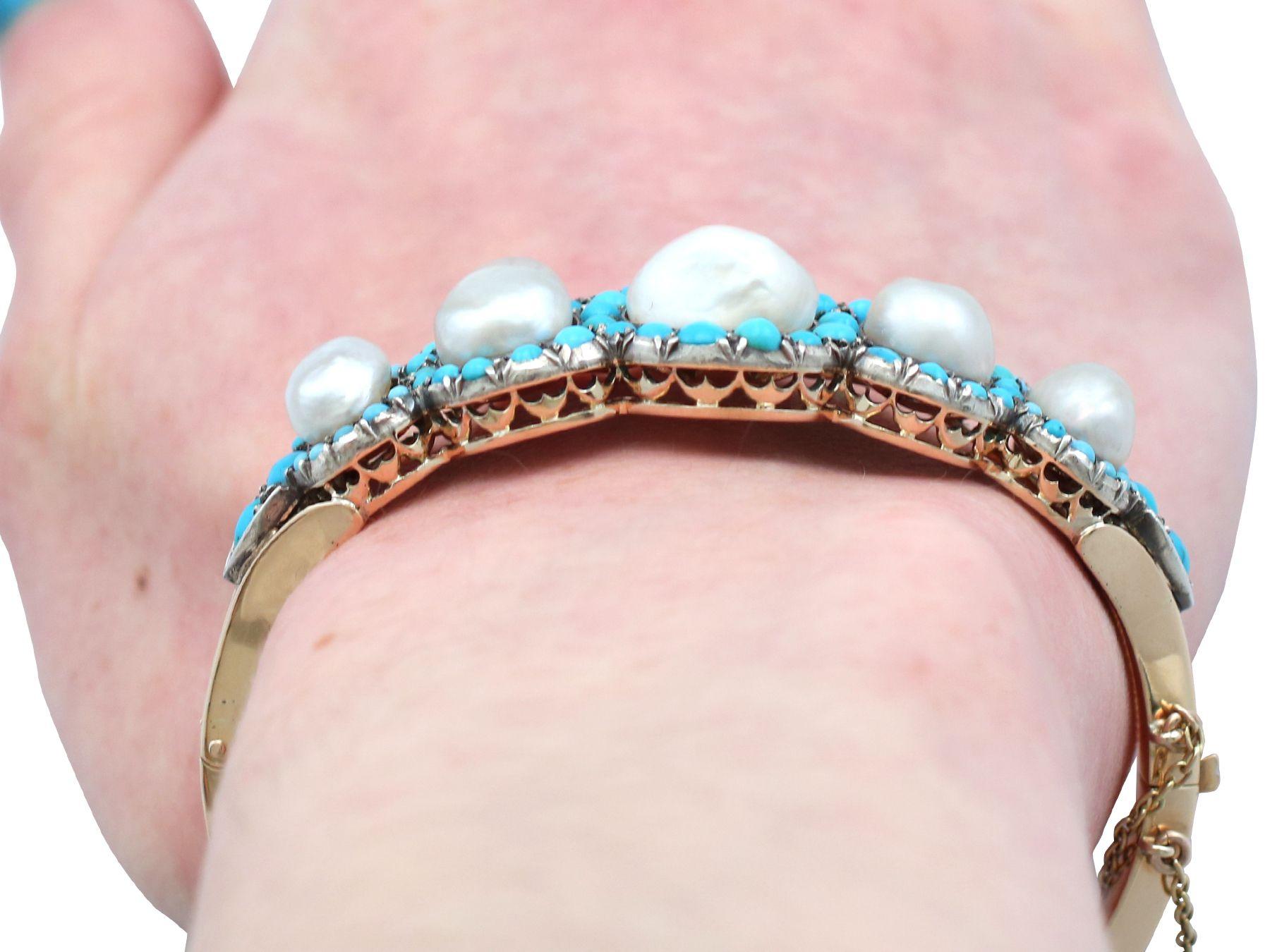 1880s Antique Victorian Natural Pearl and Turquoise Gold Bangle For Sale 11