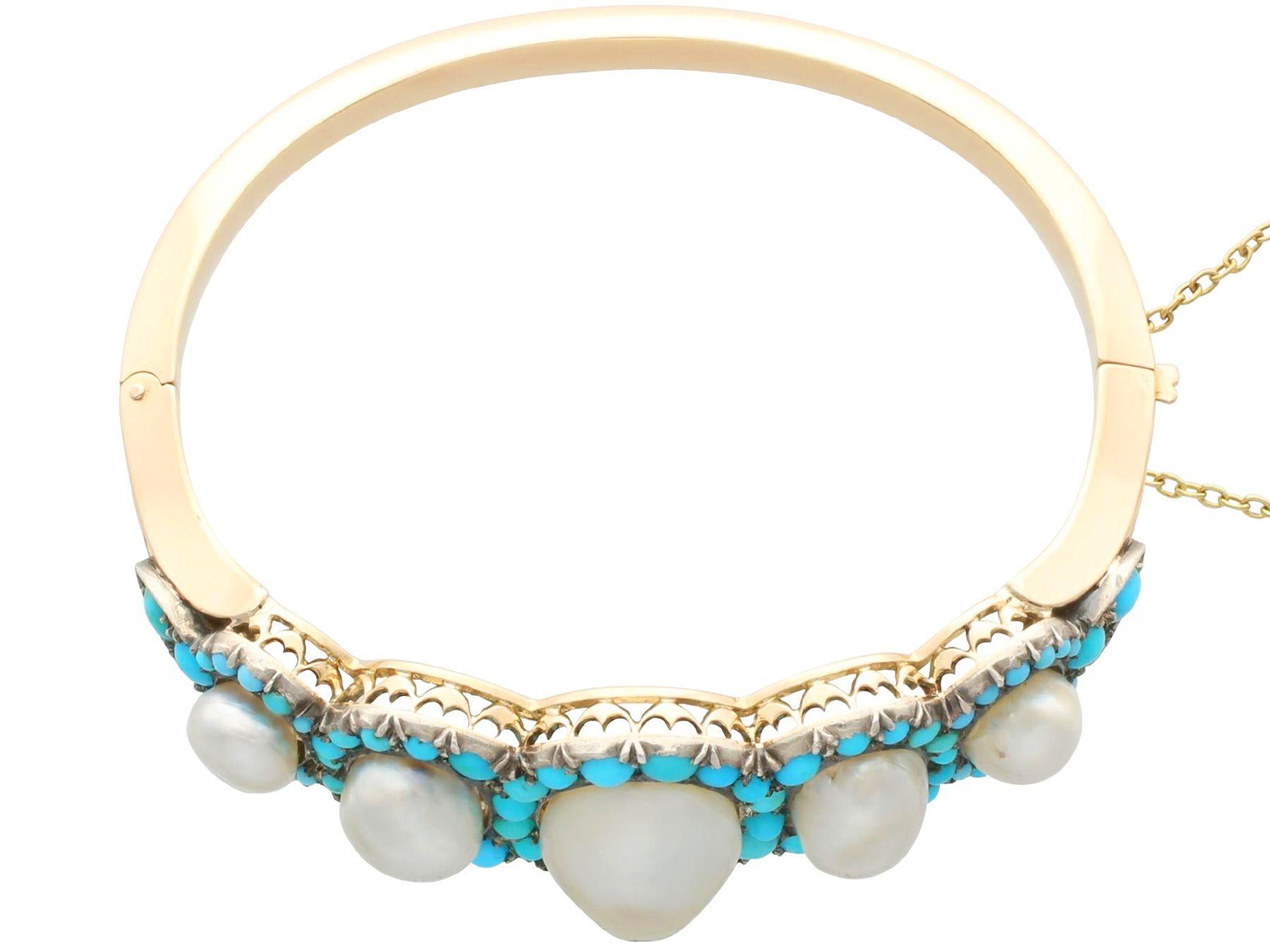Cabochon 1880s Antique Victorian Natural Pearl and Turquoise Gold Bangle For Sale