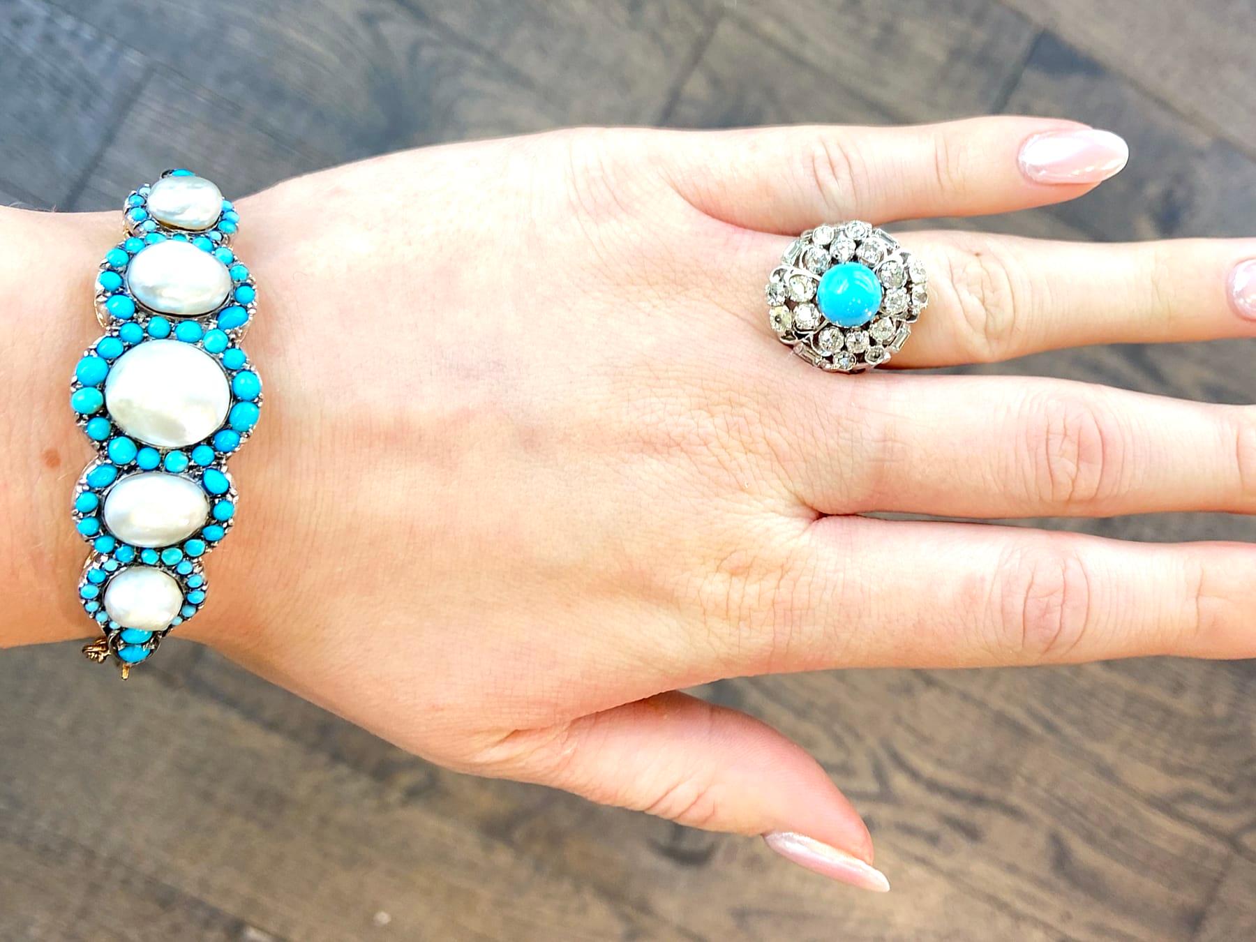 Cabochon 1880s Antique Victorian Natural Pearl and Turquoise Gold Bangle For Sale