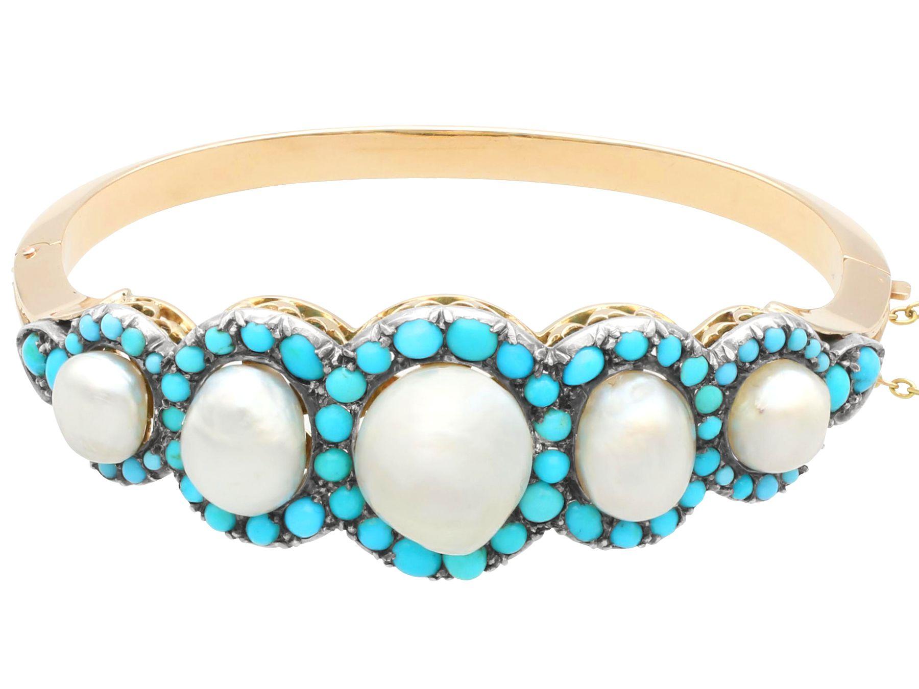 1880s Antique Victorian Natural Pearl and Turquoise Gold Bangle In Excellent Condition For Sale In Jesmond, Newcastle Upon Tyne