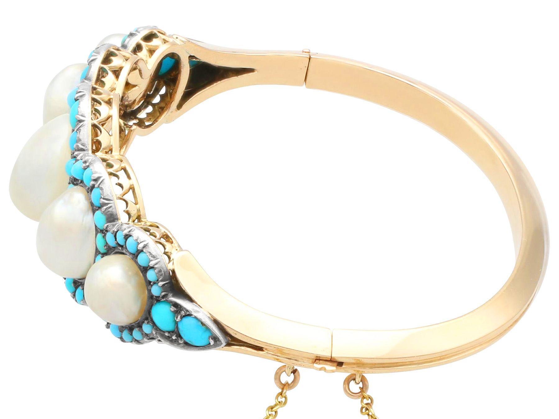 Women's 1880s Antique Victorian Natural Pearl and Turquoise Gold Bangle For Sale