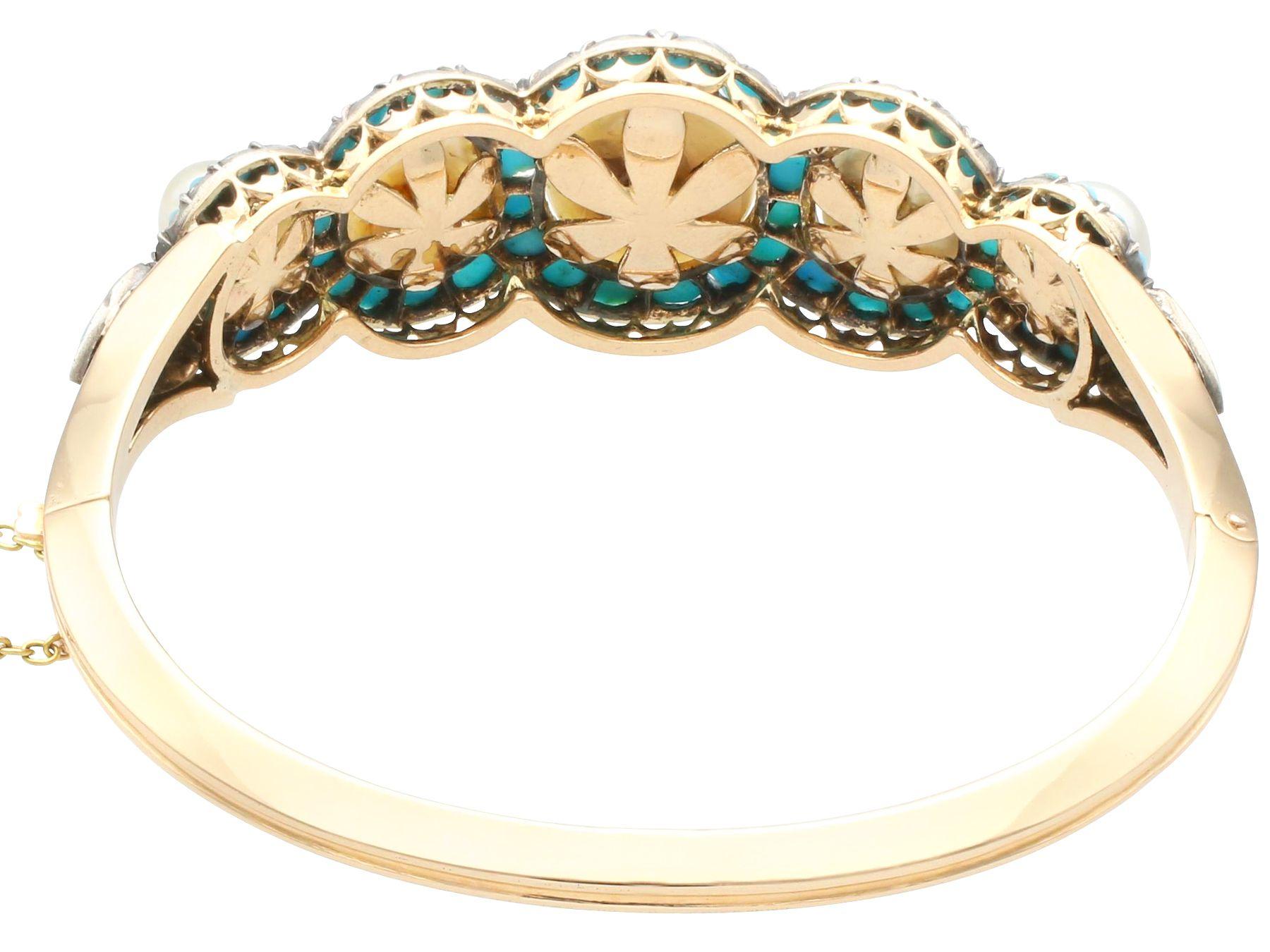 1880s Antique Victorian Natural Pearl and Turquoise Gold Bangle For Sale 1