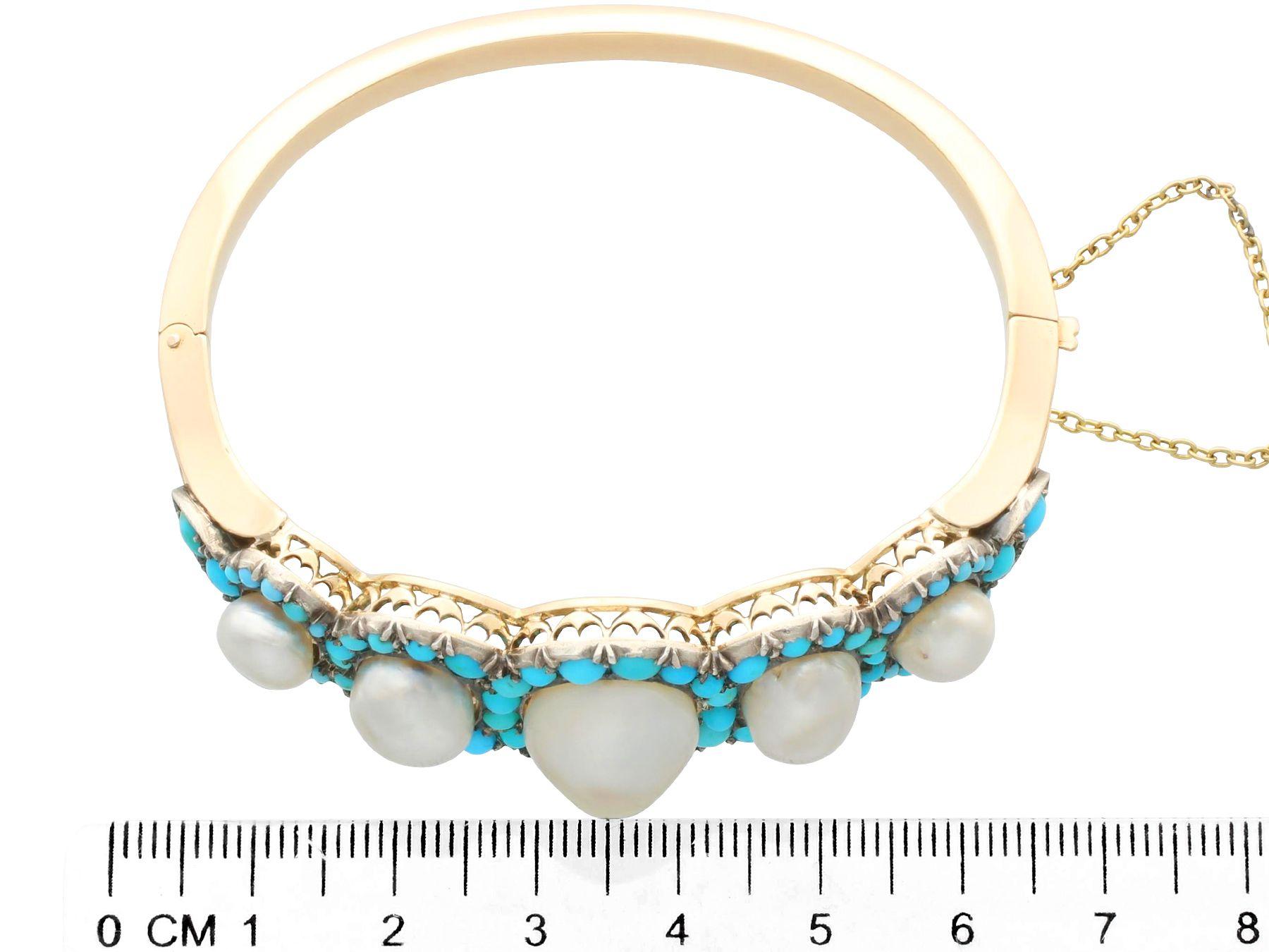 1880s Antique Victorian Natural Pearl and Turquoise Gold Bangle For Sale 3