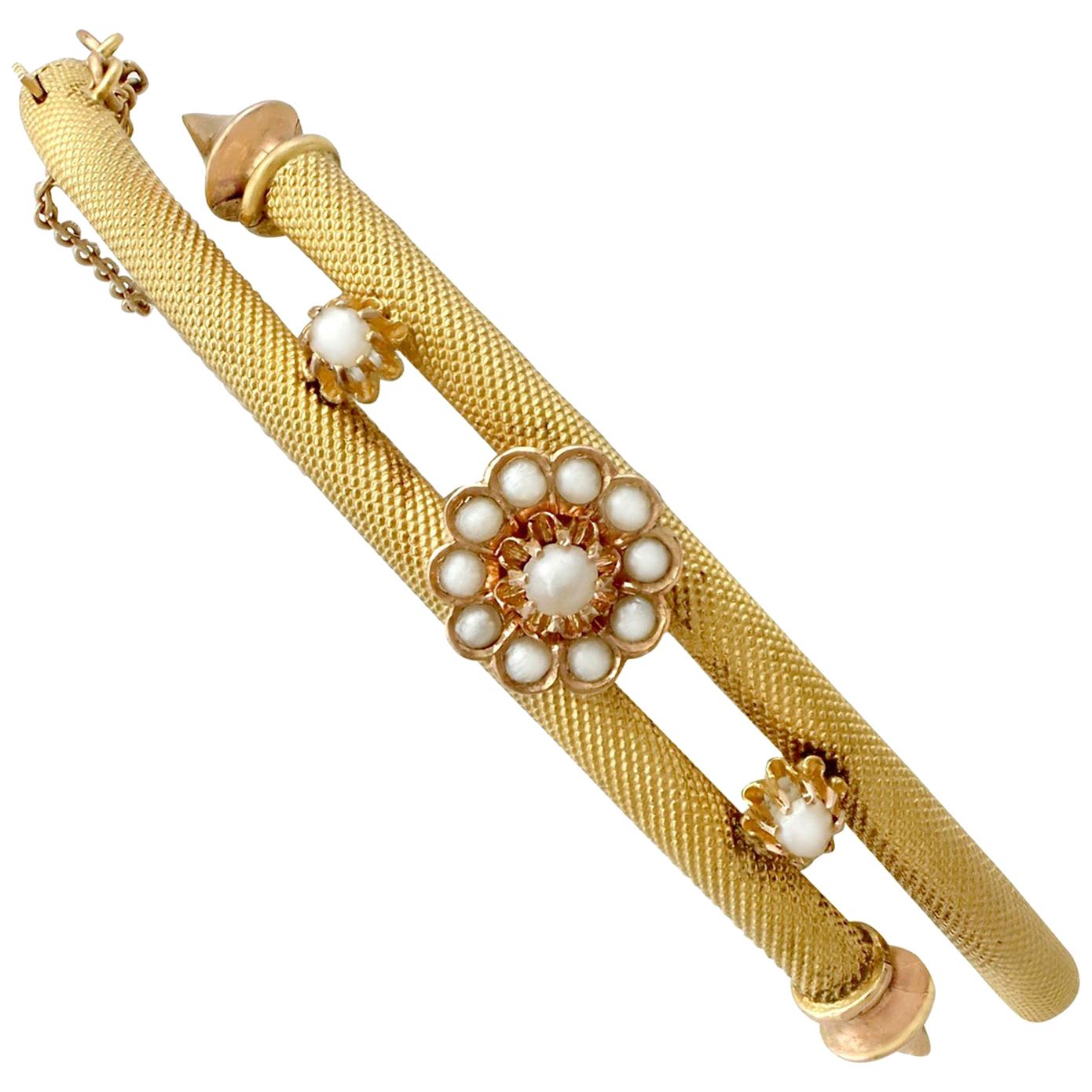 1880s Antique Victorian Pearl Yellow Gold Bangle